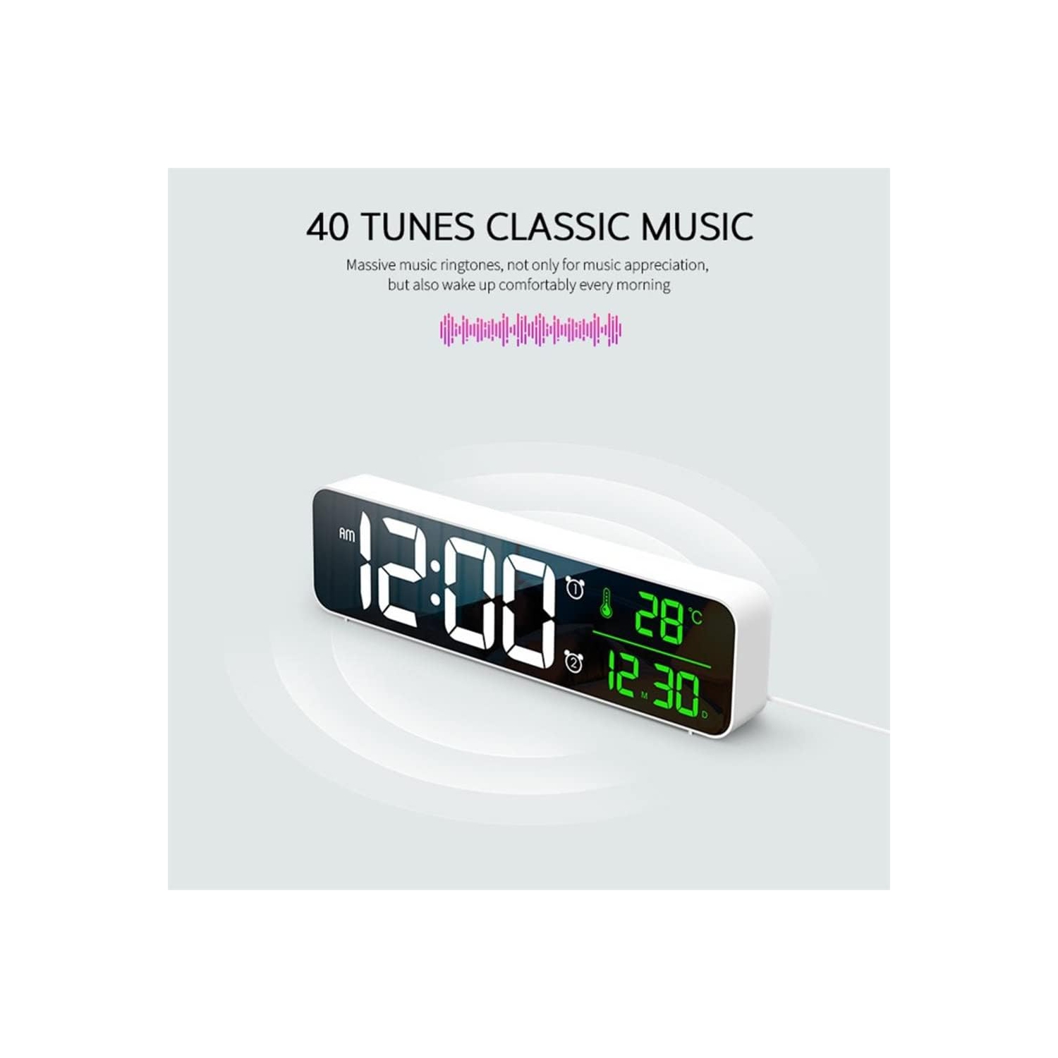 Horloge de chevet multifonction - 3 niveaux de luminosité, 40 chansons, sauvegarde de la mémoire, Convertible/℃, horloge multifonctions Perfect Gift