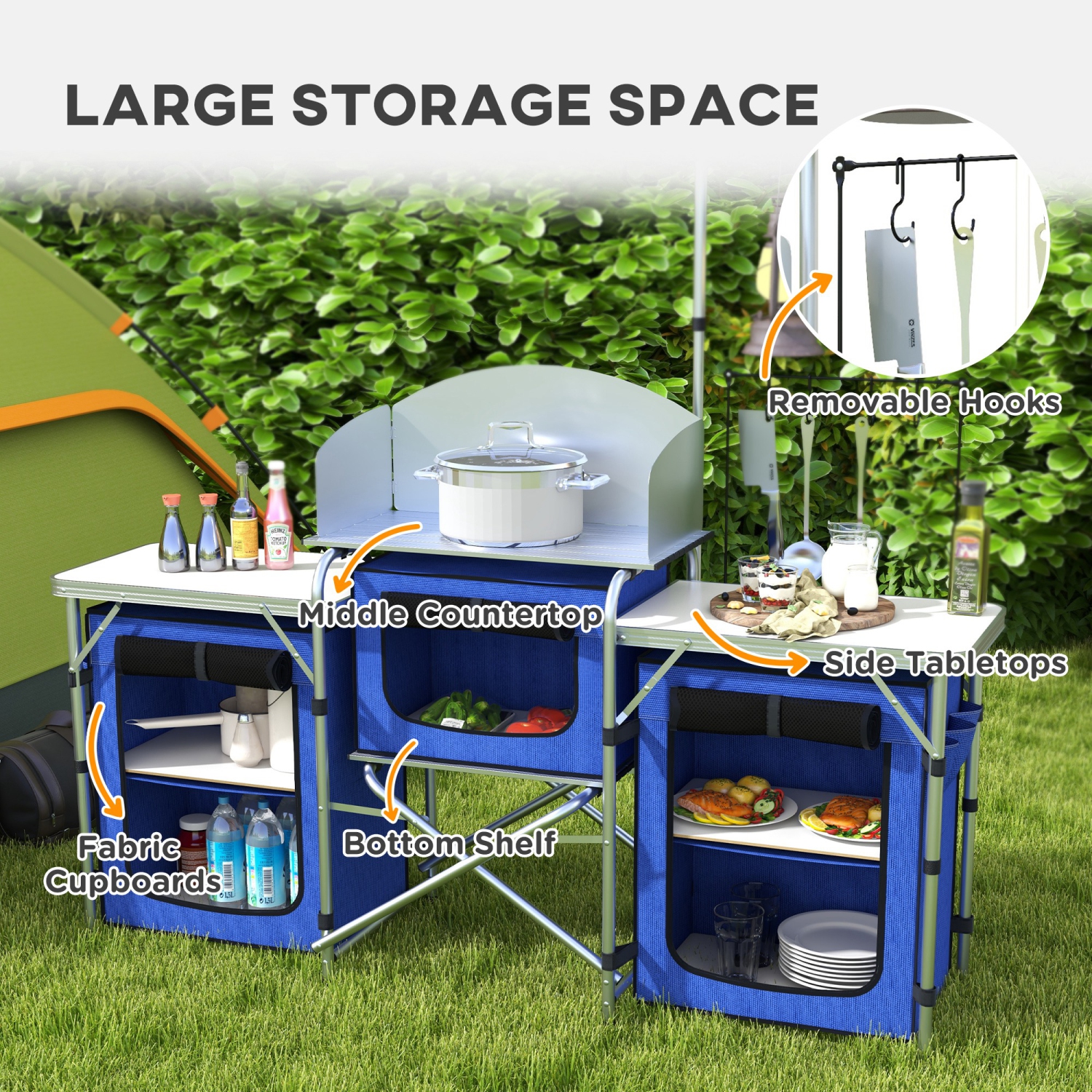Outsunny Folding Camping Kitchen Table with Storage, Aluminum Portable Camping Table with 3 Fabric Cupboards, Windshield, Light Stand, Carrying Bag