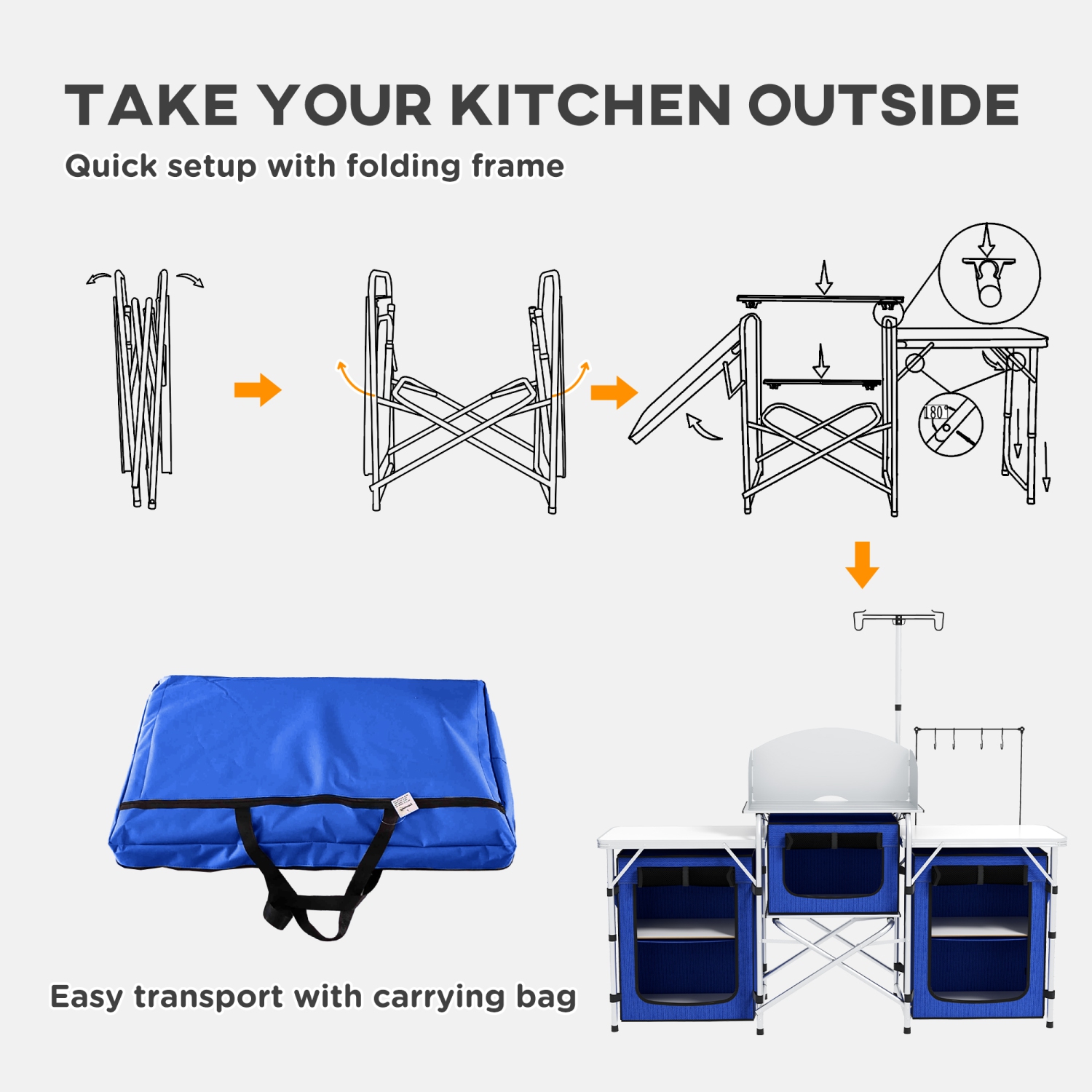 Outsunny Folding Camping Kitchen Table with Storage, Aluminum Portable Camping Table with 3 Fabric Cupboards, Windshield, Light Stand, Carrying Bag