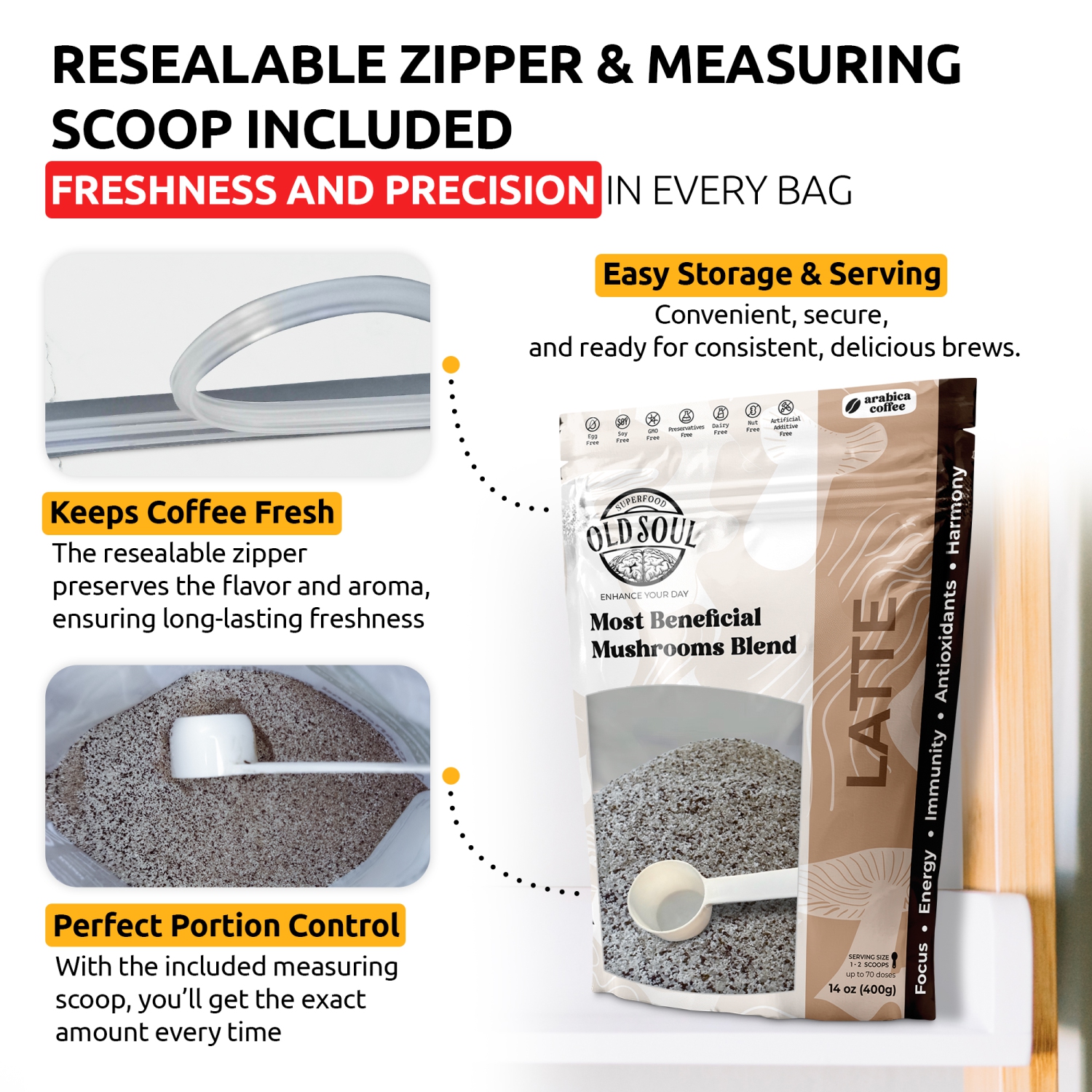 OS-MLT03 Mushroom Latte Blend | 7-Mushroom Formula | Arabica Coffee | Energy, Focus, Immunity | 14 oz