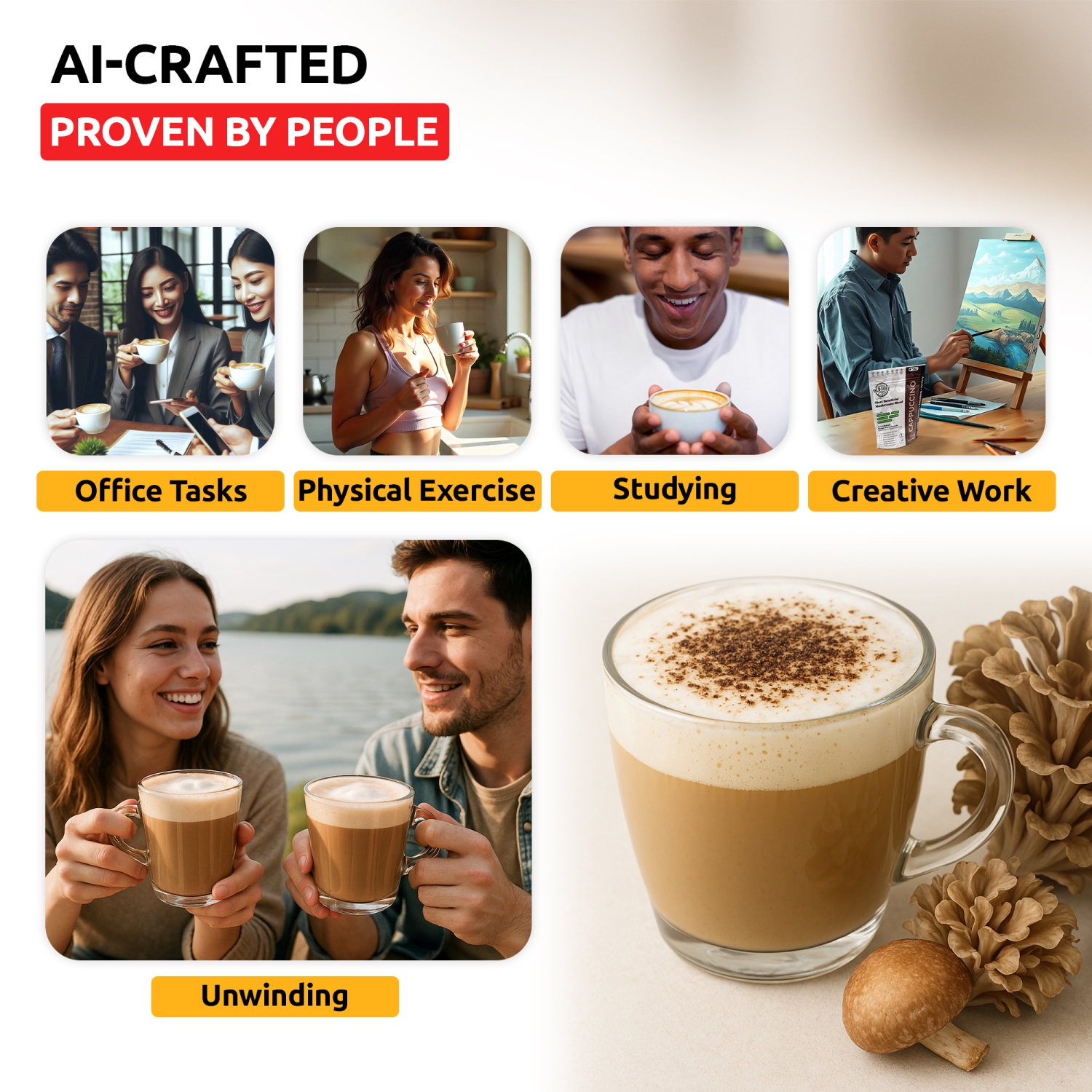 OS-MCP02 Mushroom Cappuccino Blend | 7-Mushroom Formula | Arabica Coffee | Energy, Focus, Immunity | 14 oz