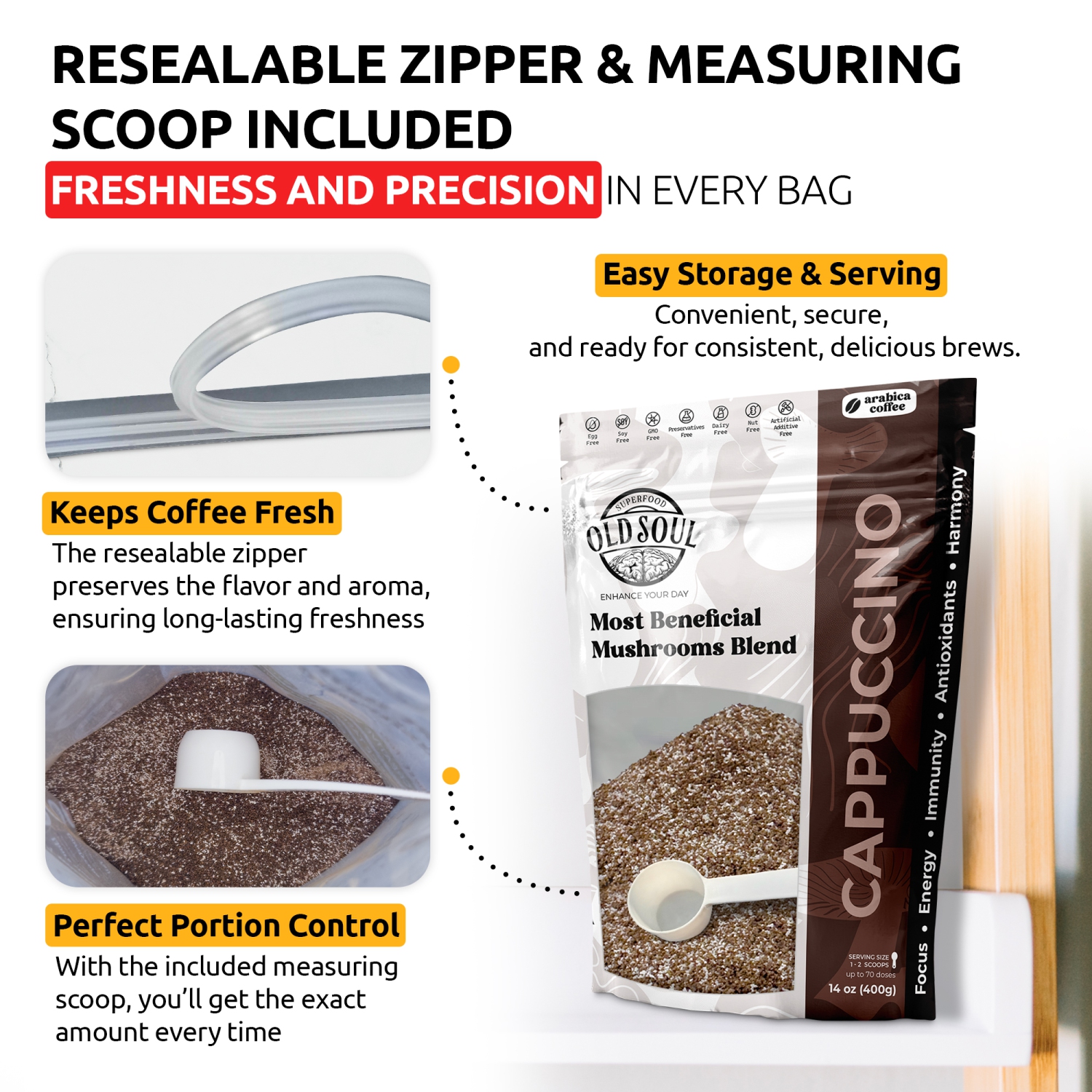 OS-MCP02 Mushroom Cappuccino Blend | 7-Mushroom Formula | Arabica Coffee | Energy, Focus, Immunity | 14 oz