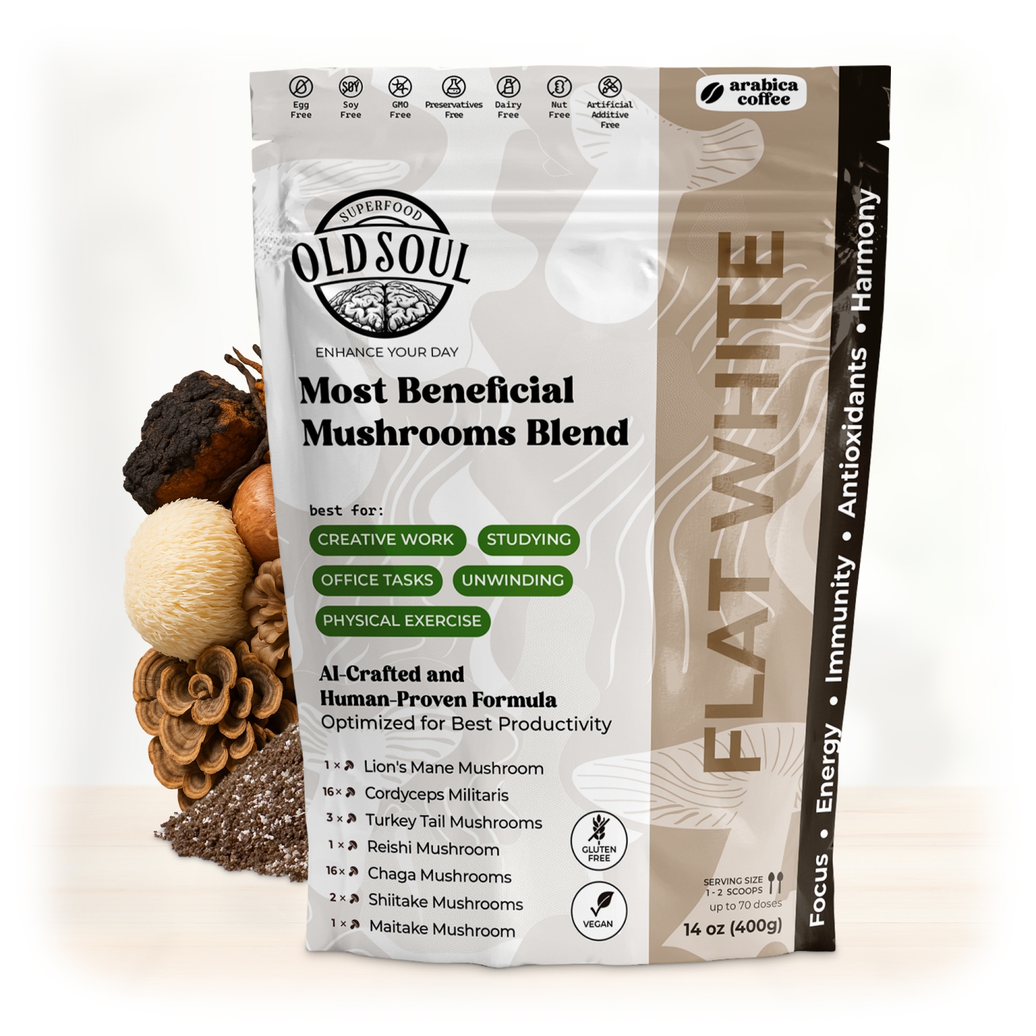 OS-MFW05 Mushroom Flat White Blend | 7-Mushroom Formula | Arabica Coffee | Energy, Focus, Immunity | 14 oz