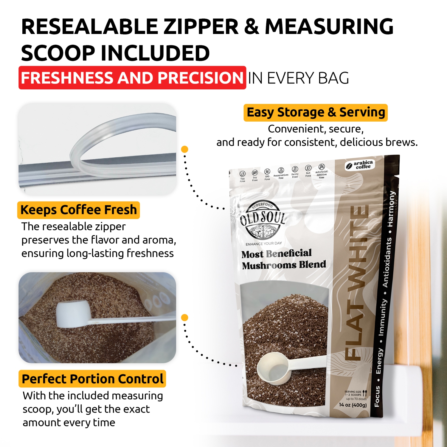 OS-MFW05 Mushroom Flat White Blend | 7-Mushroom Formula | Arabica Coffee | Energy, Focus, Immunity | 14 oz