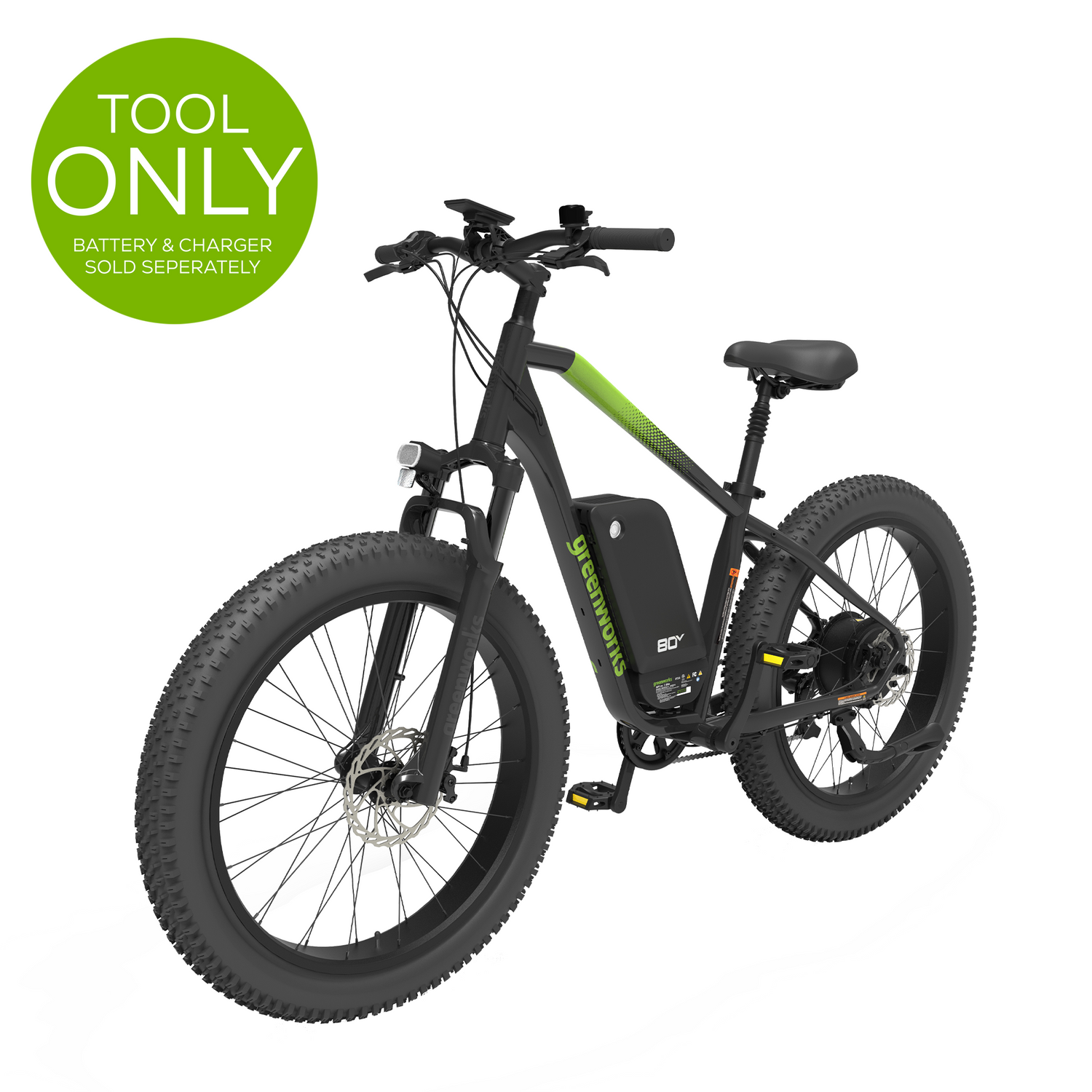 Greenworks 80V 750W Max Brushless Rear Hub Motor VENTURE Series 26” Fat Tire Electric Mountain Bike with Max Speed 20MPH, Tool Only