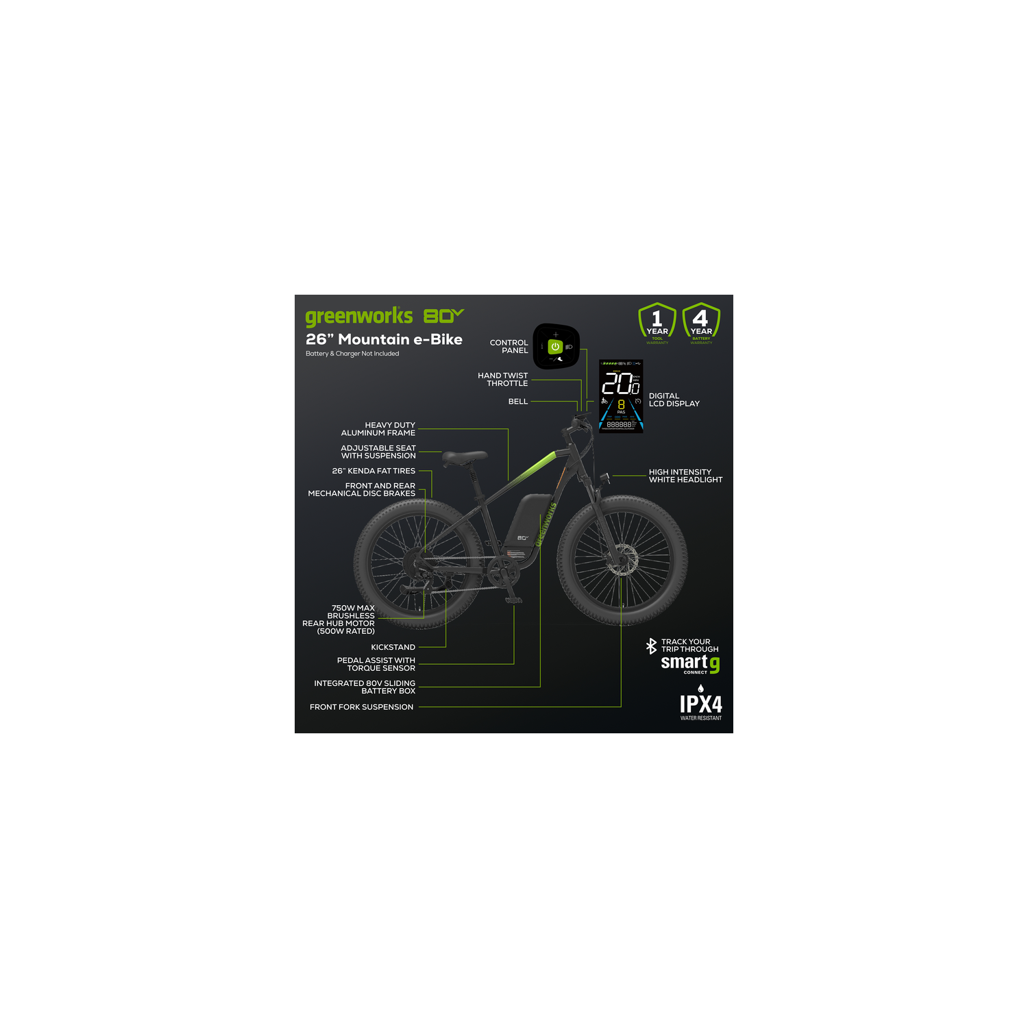 Greenworks 80V 750W Max Brushless Rear Hub Motor VENTURE Series 26” Fat Tire Electric Mountain Bike with Max Speed 20MPH, Tool Only