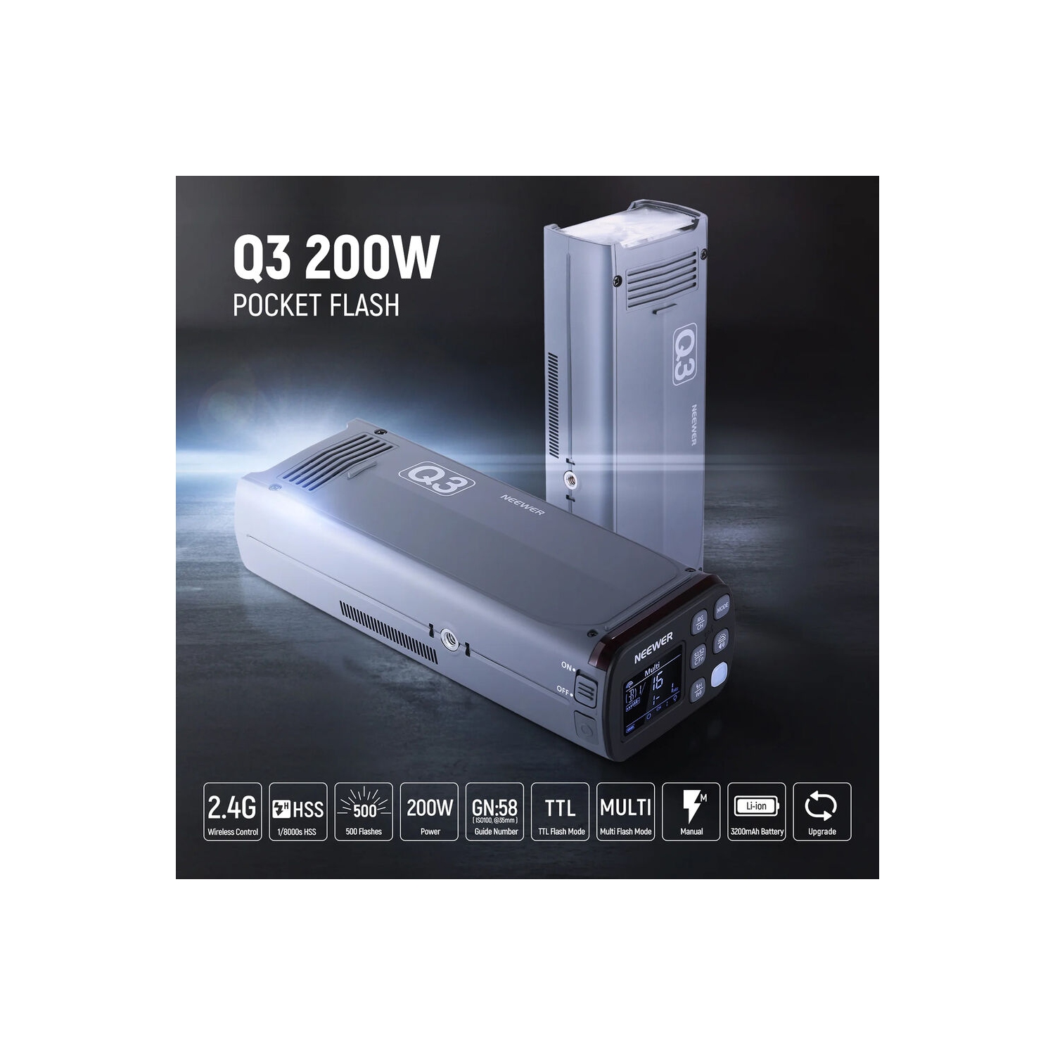 Boîte ouverte - Flash TTL T3 200Ws 2,4 G de NEEWER, monochrome pour photographie à lumière stroboscopique HSS de 1/8000 avec déclencheur QPRO-N
