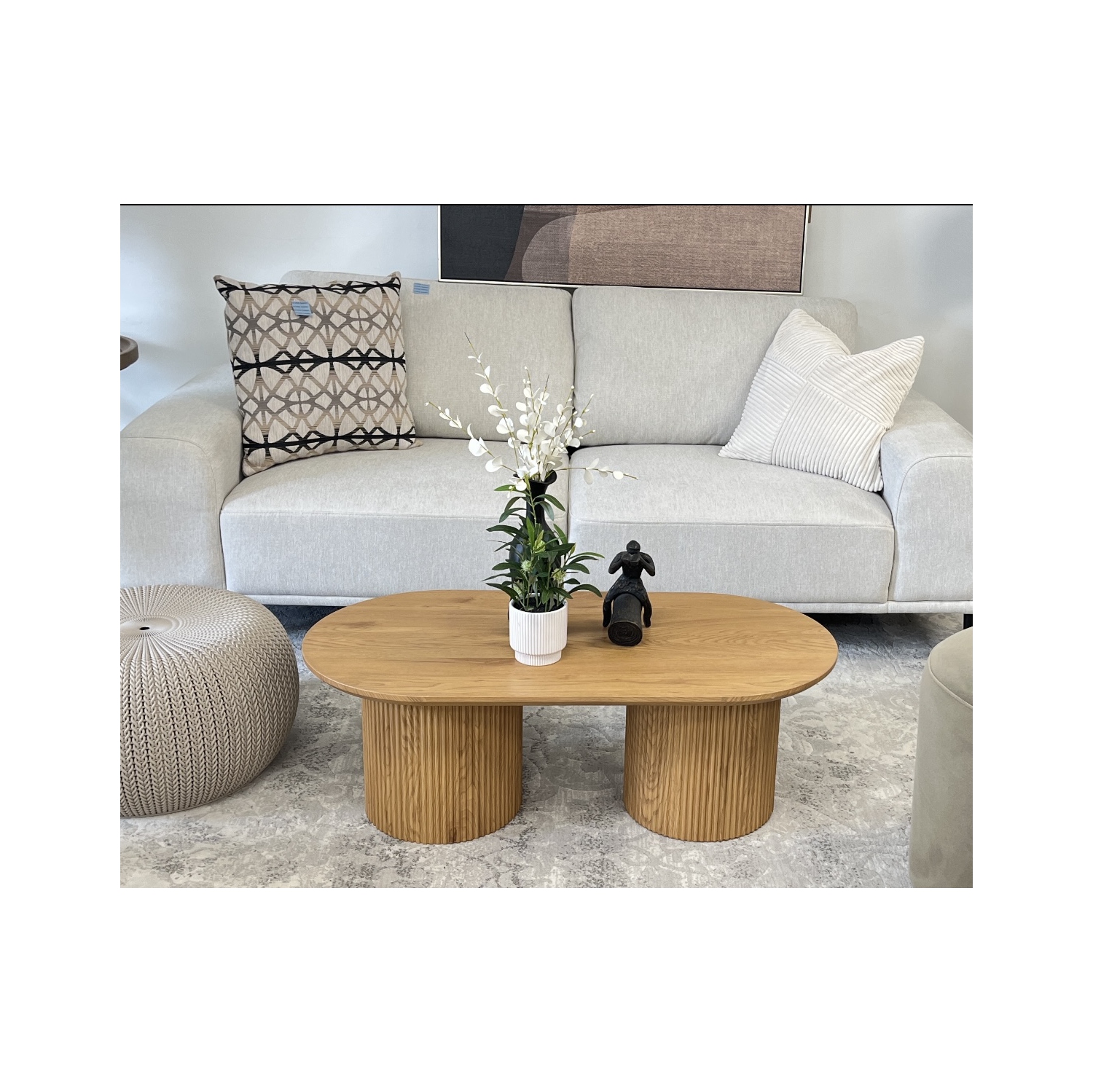 KOSSMAI Modern Oval Coffee Table with Fluted Double Pedestal Base, 39.4” Wide Low Coffee Table for Living Room, Contemporary Accent Table