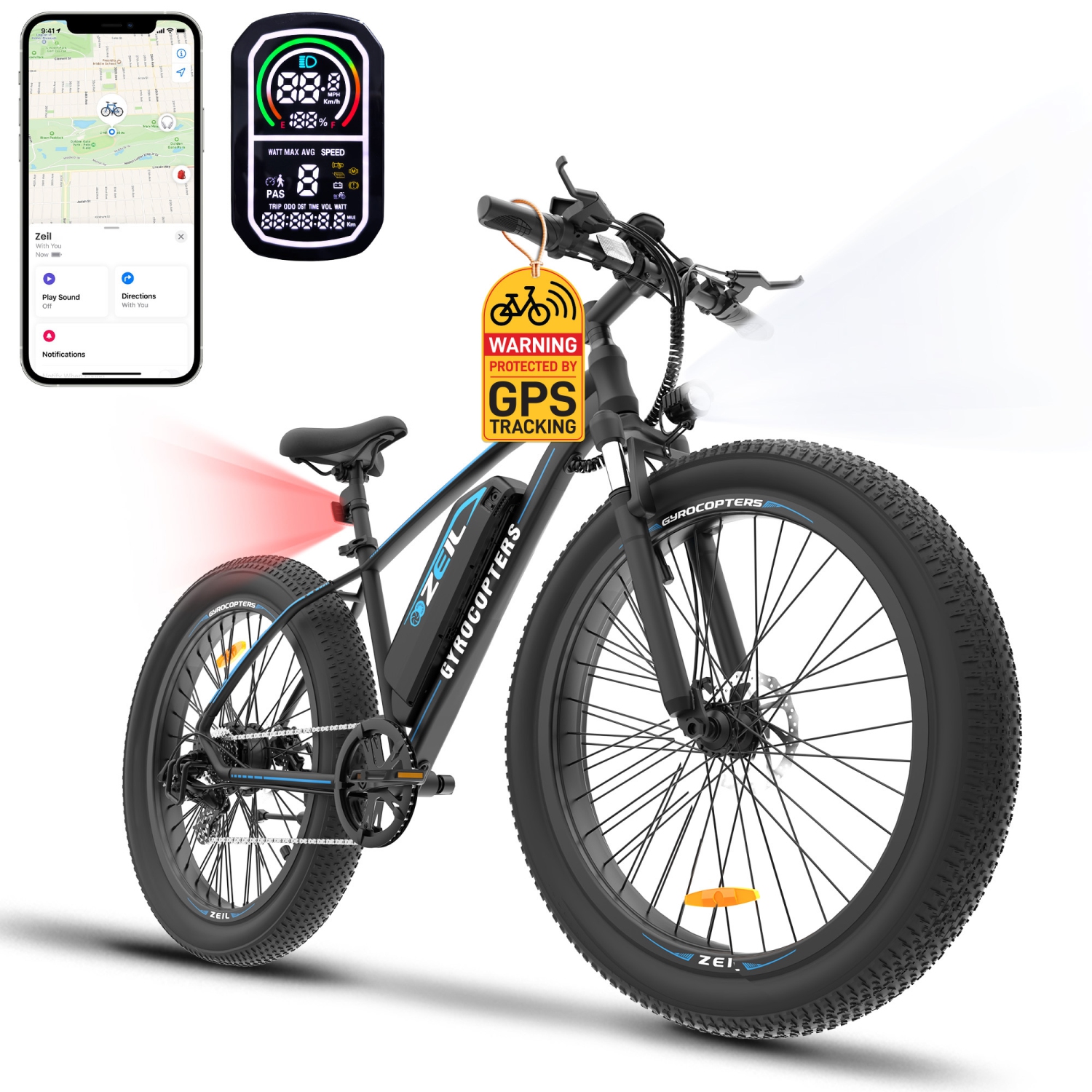 Gyrocopters Zeil Fat Tire Mountain E-Bike for adults with 500 W Motor | 27.5* 3” tires | Speed up to 40 km/h | PAS Range up to 91 km | Anti-theft GPS