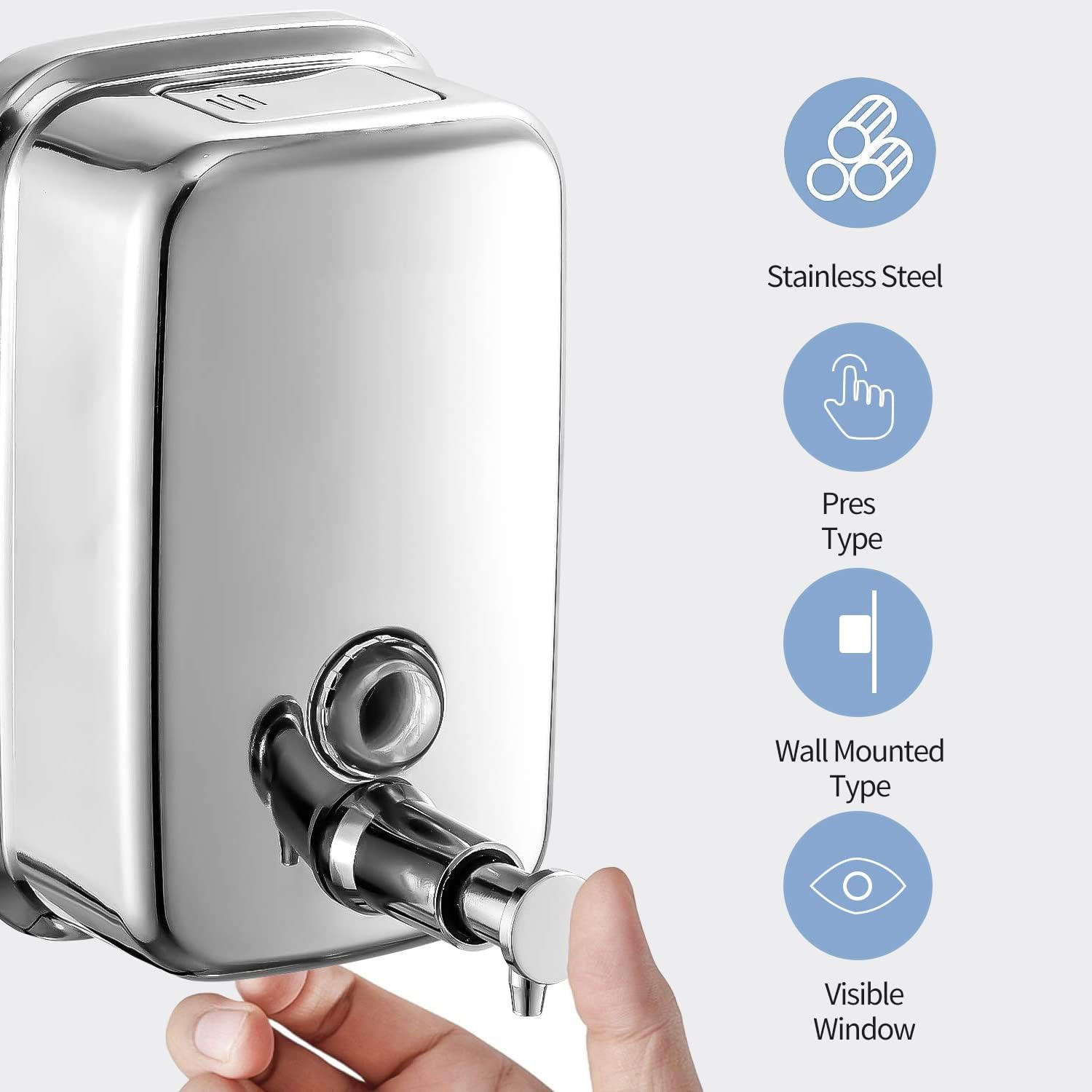 Distributeur de désinfectant pour les mains en acier inoxydable Distributeur de savon liquide à montage mural pour salle de bains Cuisine Restaurant