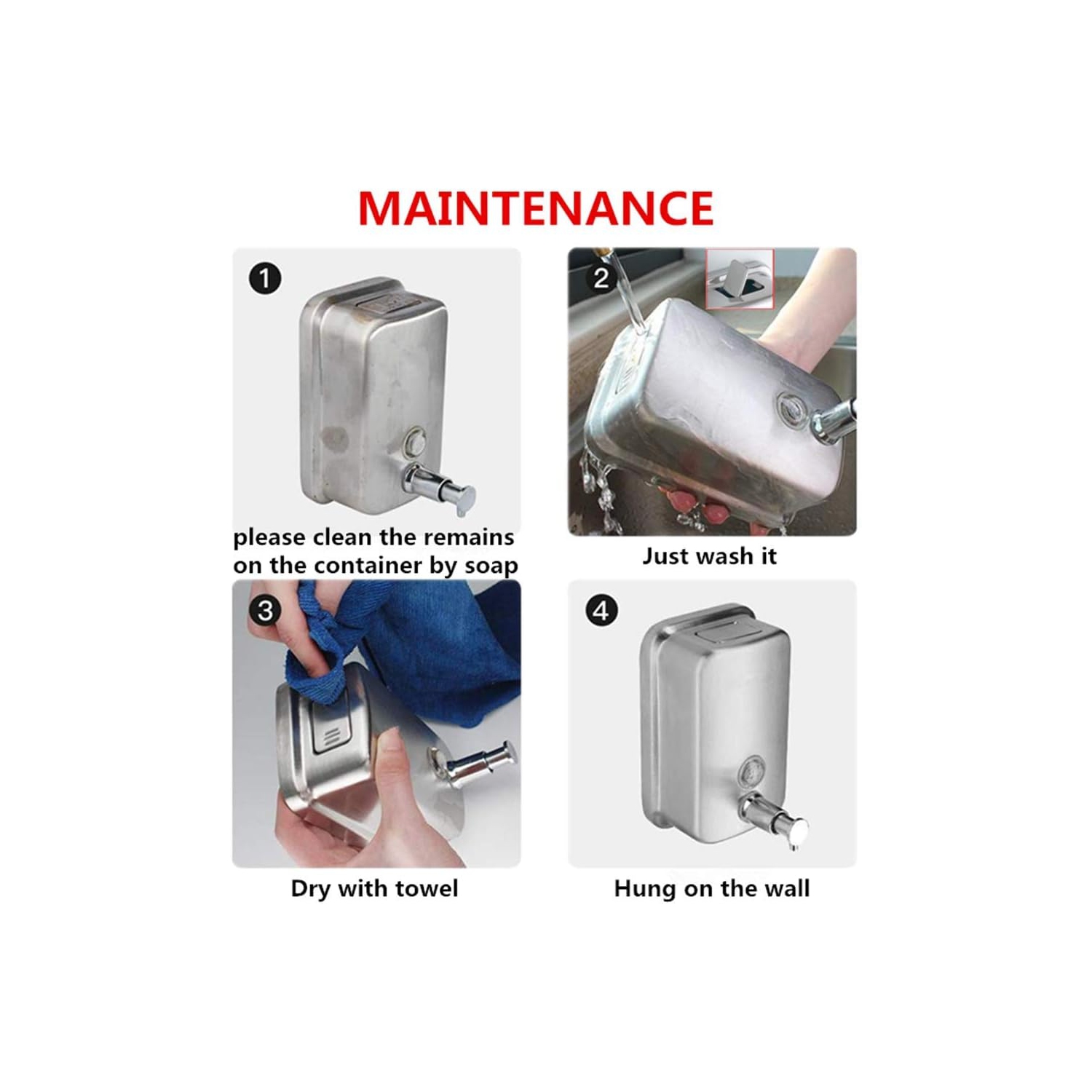 Distributeur de désinfectant pour les mains en acier inoxydable Distributeur de savon liquide à montage mural pour salle de bains Cuisine Restaurant