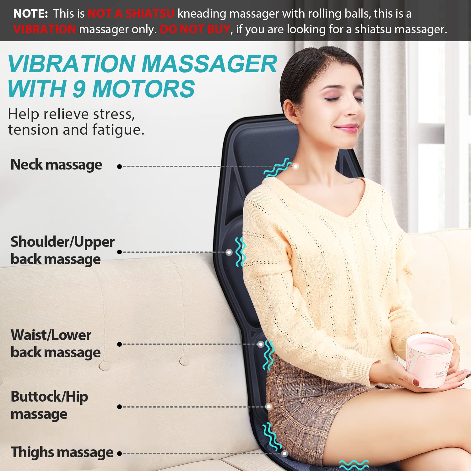 Massage Seat Cushion Pad with 9 Mode Heat Massage Back Massager Chair Pad PU Leather Massage Cushion