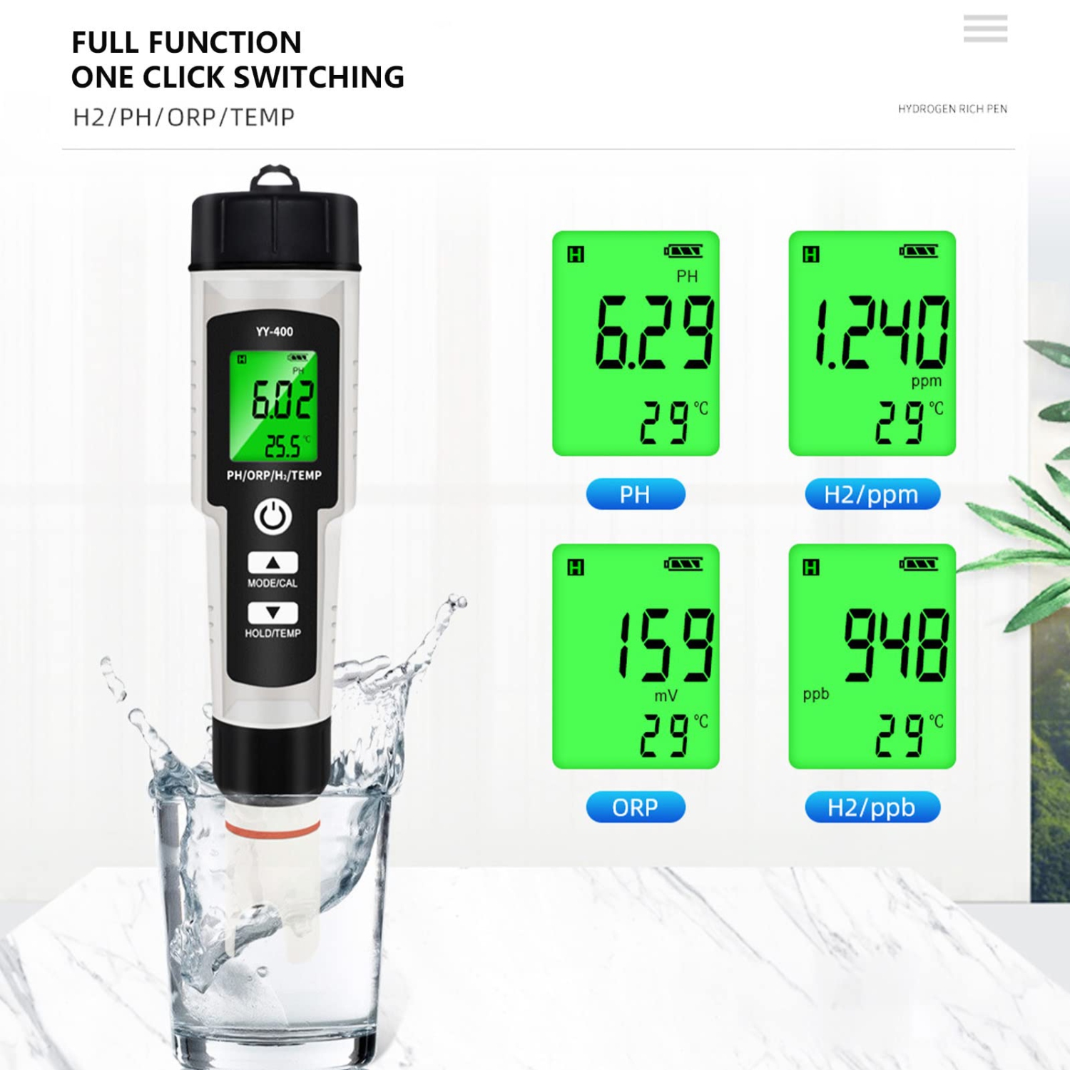 Water Quality Tester Hydrogen-rich Test Pen for Measuring PH ORP H2 Hydrogen Content