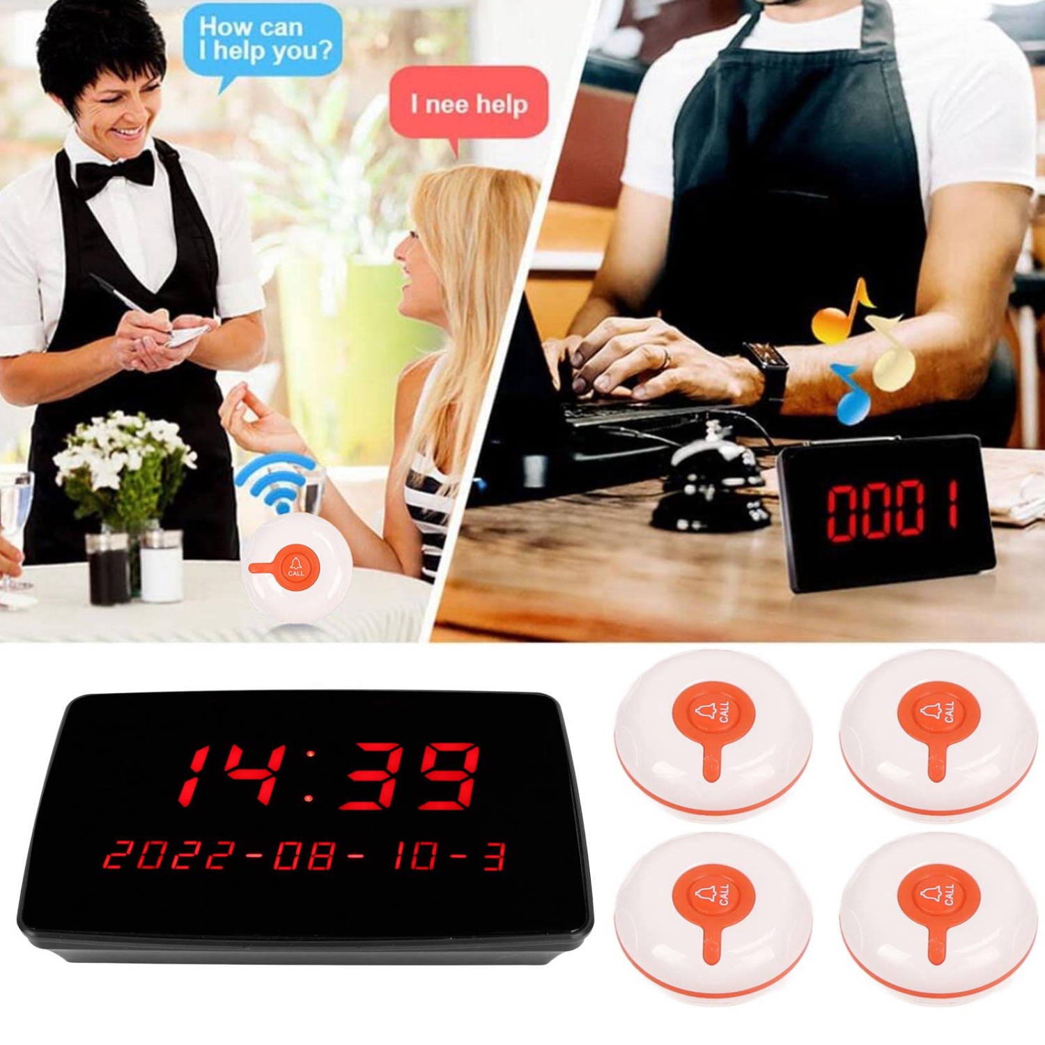 Wireless Calling System Wireless Pager System with 10PCS Call Button for Restaurant Bar Hotel Hospital-Black Call Button