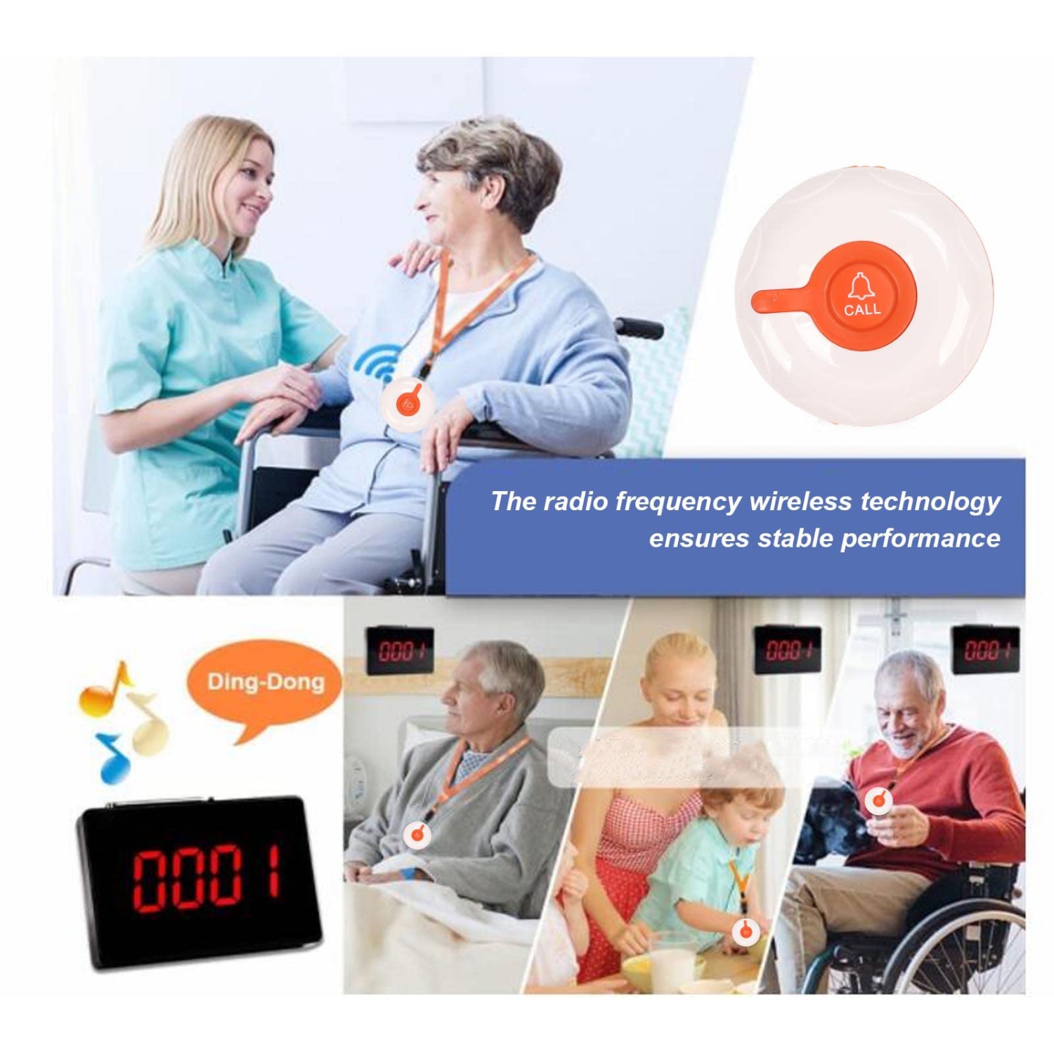 Wireless Calling System Wireless Pager System with 10PCS Call Button for Restaurant Bar Hotel Hospital-Black Call Button