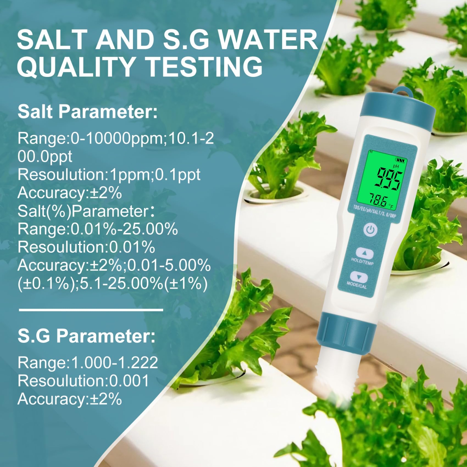 Testeur de salinité d'eau PH/TDS/EC/Sel/S. Testeur d'eau salée G/ORP/Temp Tester pour piscines Aquariums d'eau potable