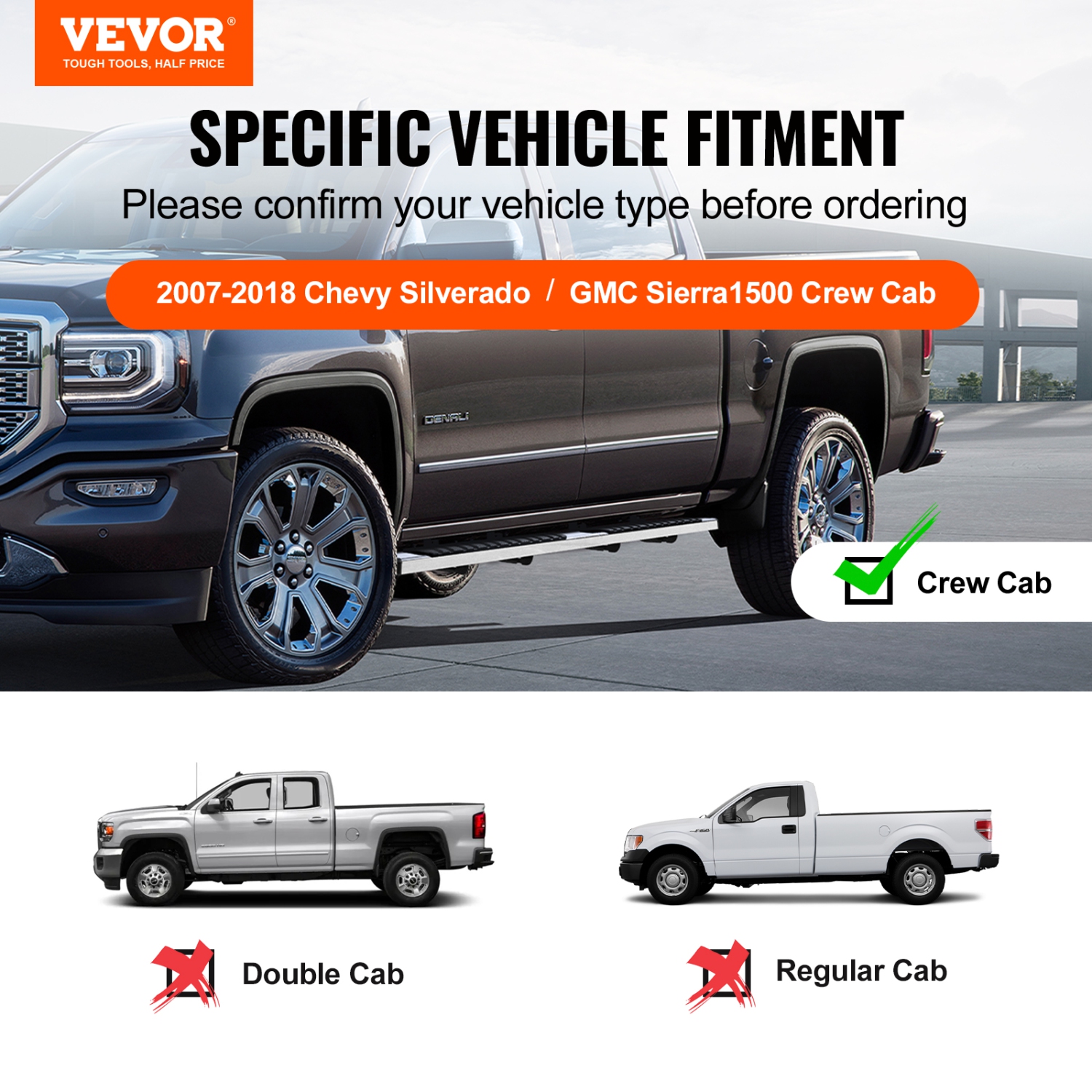VEVOR 6" Running Boards, Compatible with 2007-2018 Chevy Silverado/GMC Sierra 1500 Crew Cab/2019 2500HD 3500HD 1500 LD, 201 Stainless Steel Side