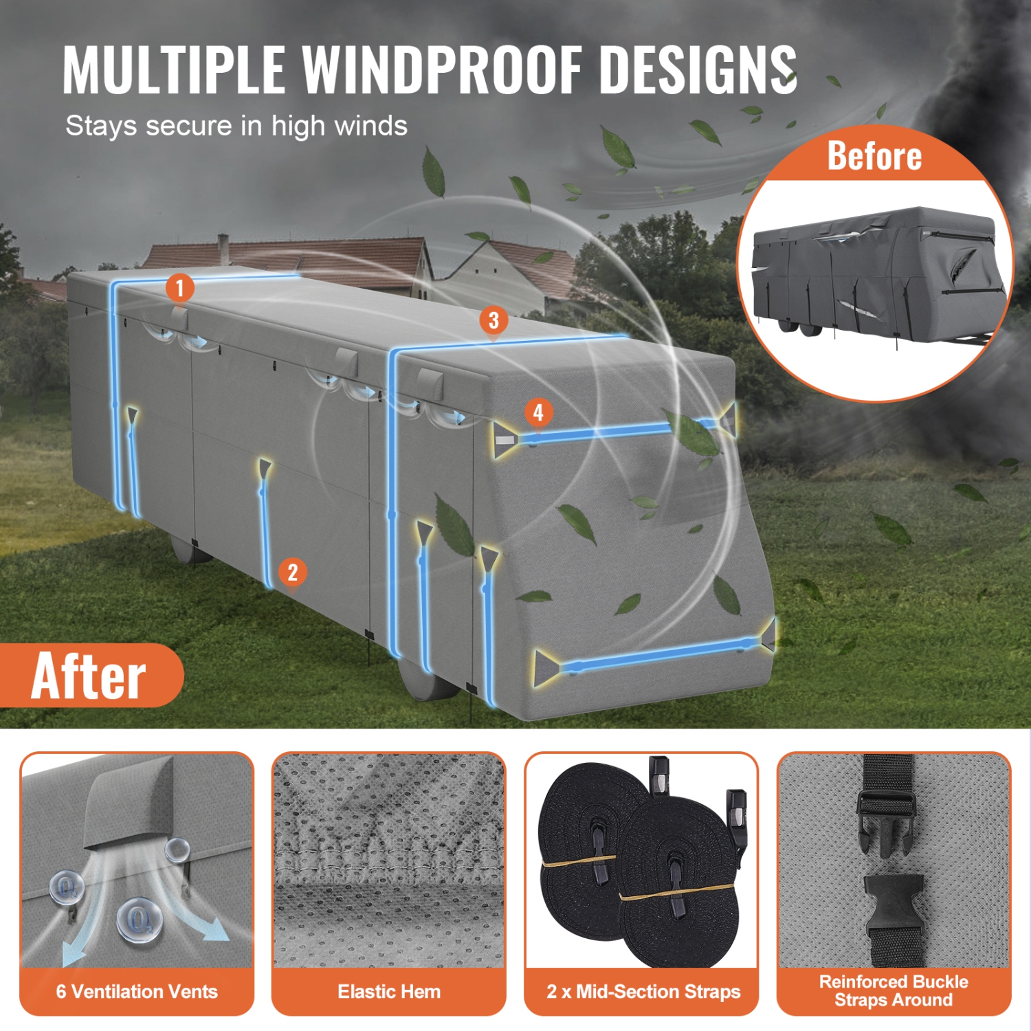 VEVOR 40-43 ft Class A RV Cover, Motorhome Cover, Non-woven Fabric Motorhome RV Cover, Waterproof, Windproof and Rip-Stop, Camper Cover with Storage