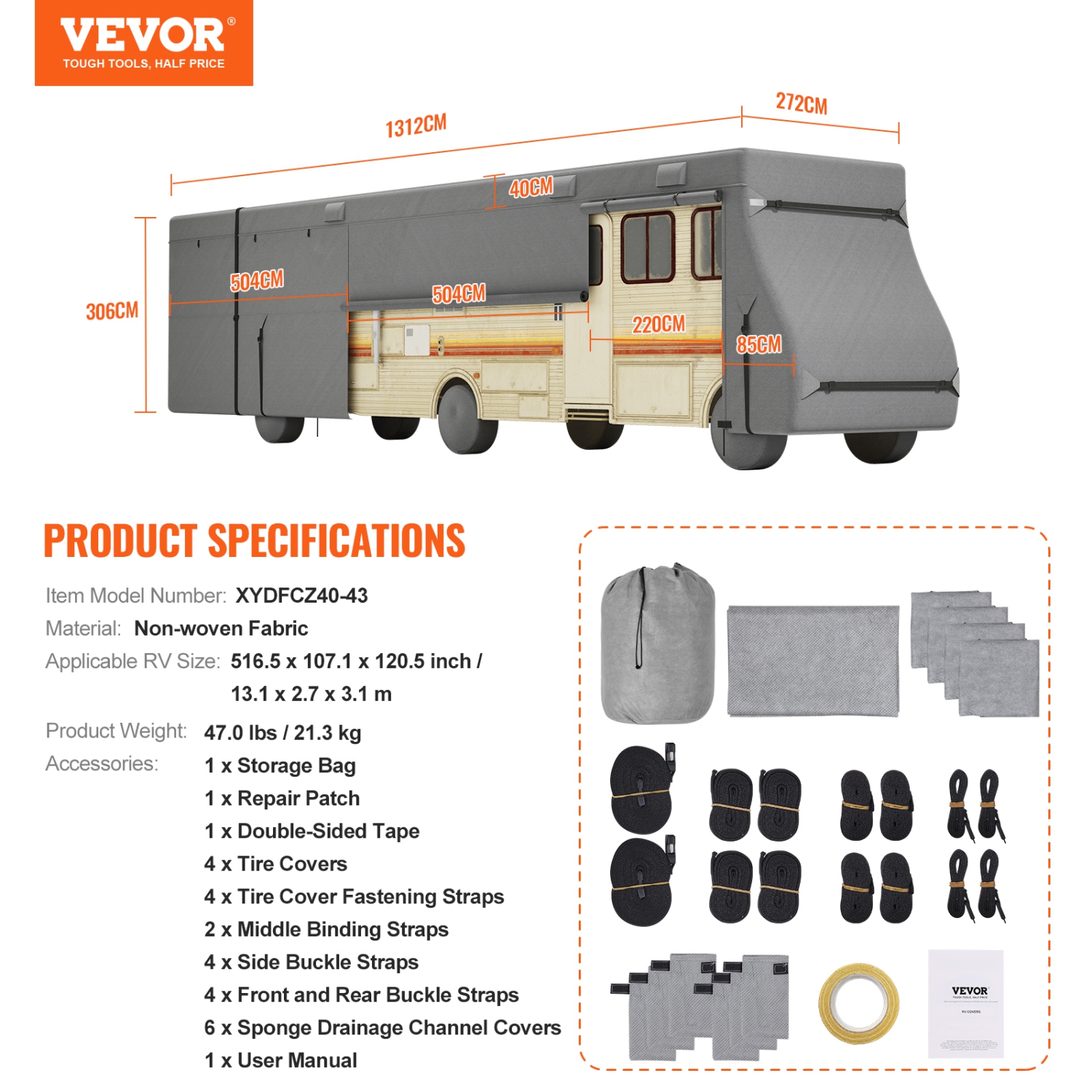 VEVOR 40-43 ft Class A RV Cover, Motorhome Cover, Non-woven Fabric Motorhome RV Cover, Waterproof, Windproof and Rip-Stop, Camper Cover with Storage