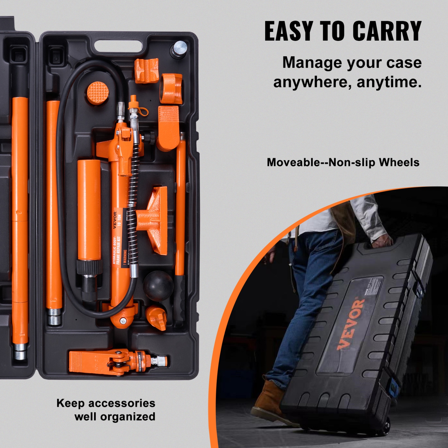 VEVOR 10 Ton Porta Power Kit, Hydraulic Ram with Pump, Car Jack with 4.6 ft/1.4 m Oil Hose, Bent Frame Repair Tool with Storage Case for Automotive,