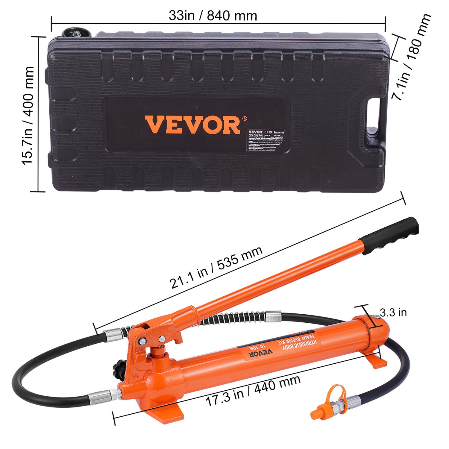VEVOR 10 Ton Porta Power Kit, Hydraulic Ram with Pump, Car Jack with 4.6 ft/1.4 m Oil Hose, Bent Frame Repair Tool with Storage Case for Automotive,