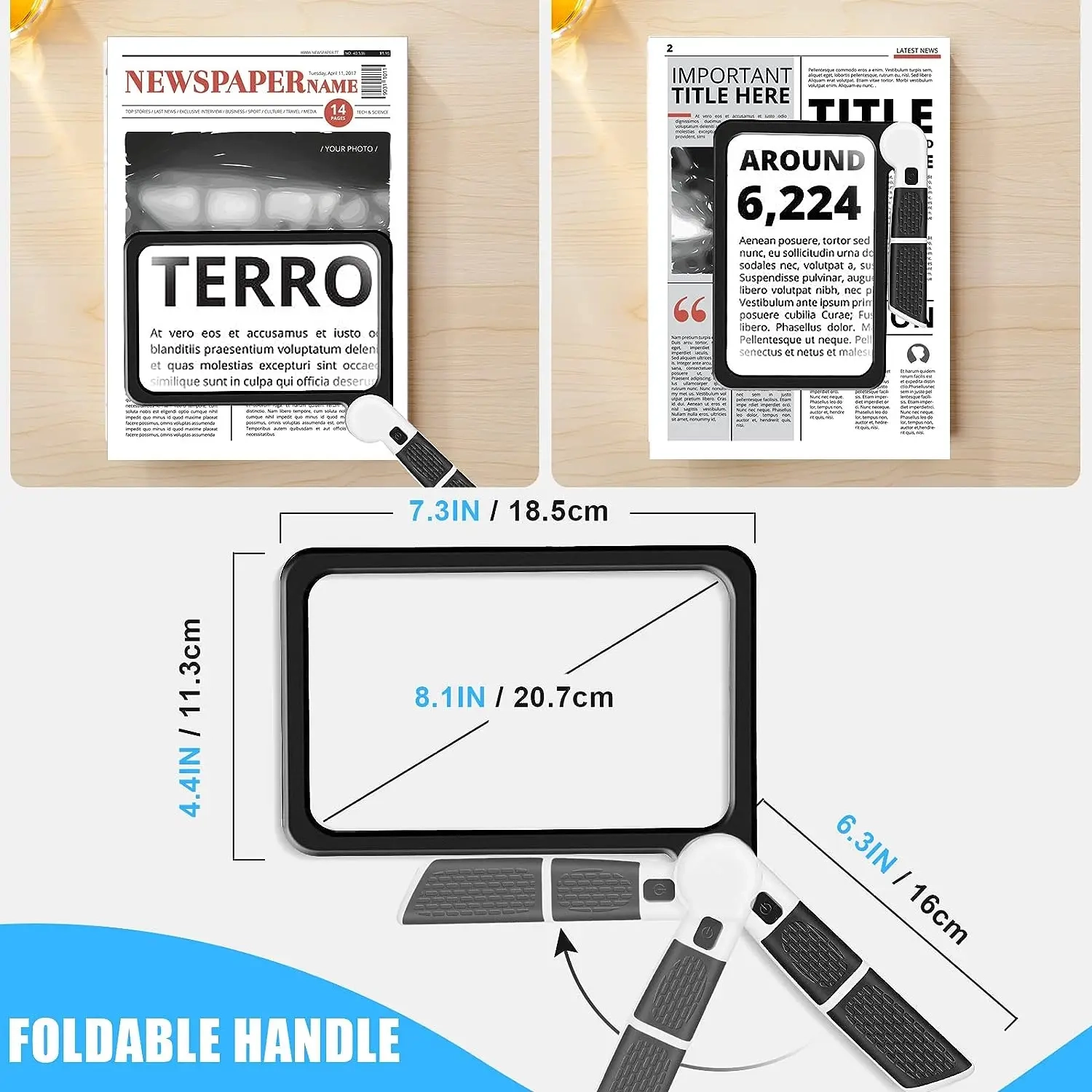 Loupe 5X avec lumière, loupe pleine page légère pour la lecture, grande loupe éclairée, cadeau idéal pour aînés lisant des livres, impressions