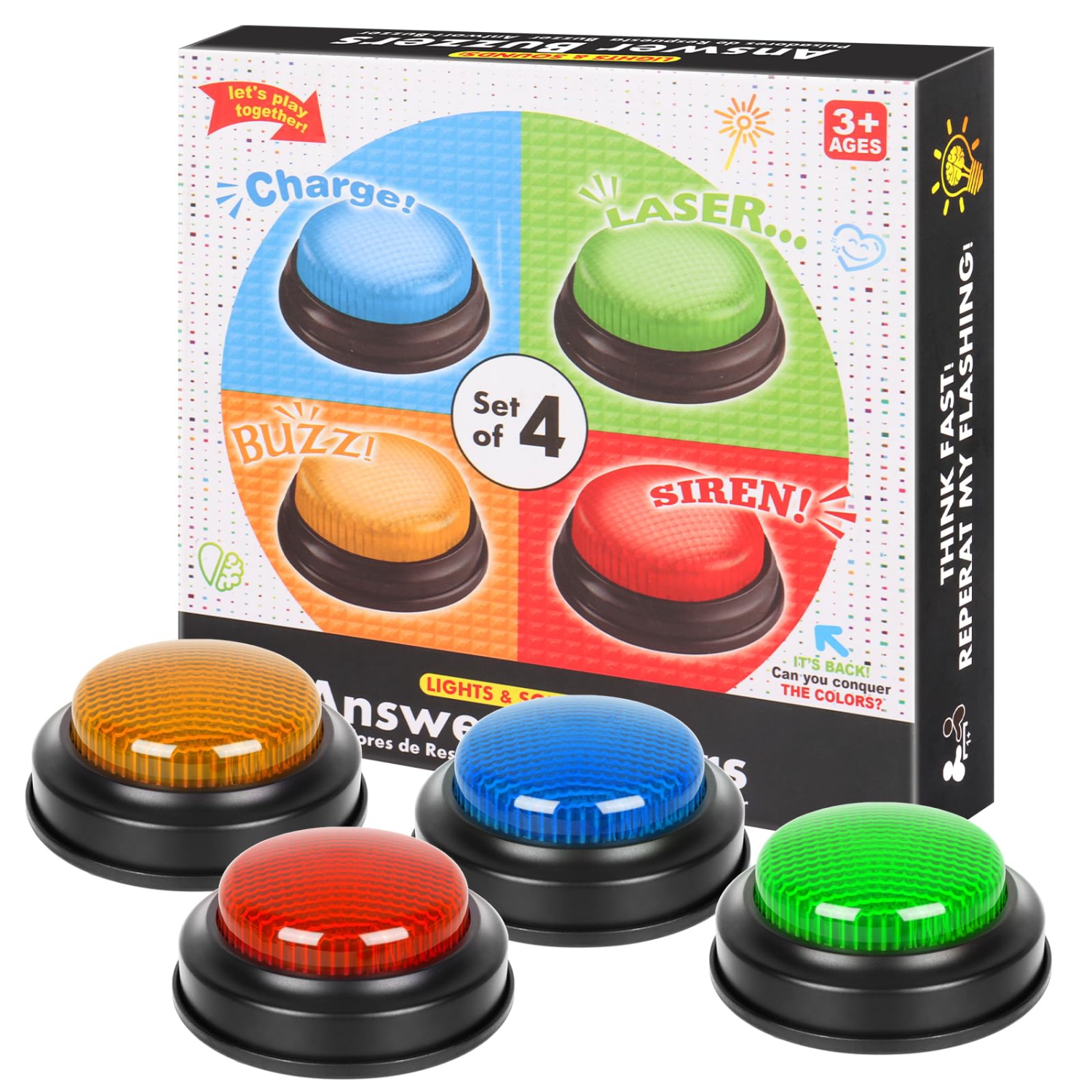 Paquet de 4 Buzzers pour jeux-questionnaires, Game Buzzers pour classe avec lumières et sons