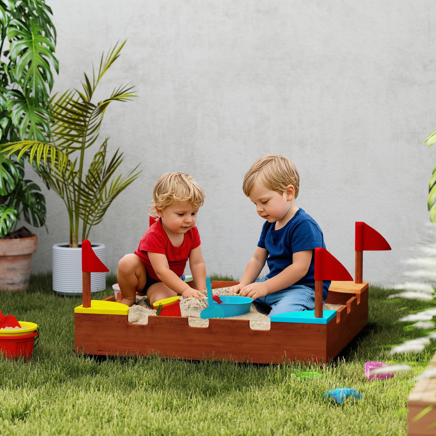 Qaba Kids Wooden Sandbox, Castle-Themed Outdoor Sand Pit with Flags, 4 Colorful Built-in Corner Seating, Ground Liner, Gift for Ages 3-7, Backyard,