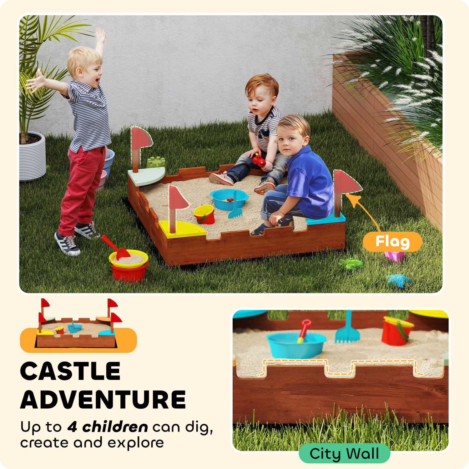 Qaba Kids Wooden Sandbox, Castle-Themed Outdoor Sand Pit with Flags, 4 Colorful Built-in Corner Seating, Ground Liner, Gift for Ages 3-7, Backyard,