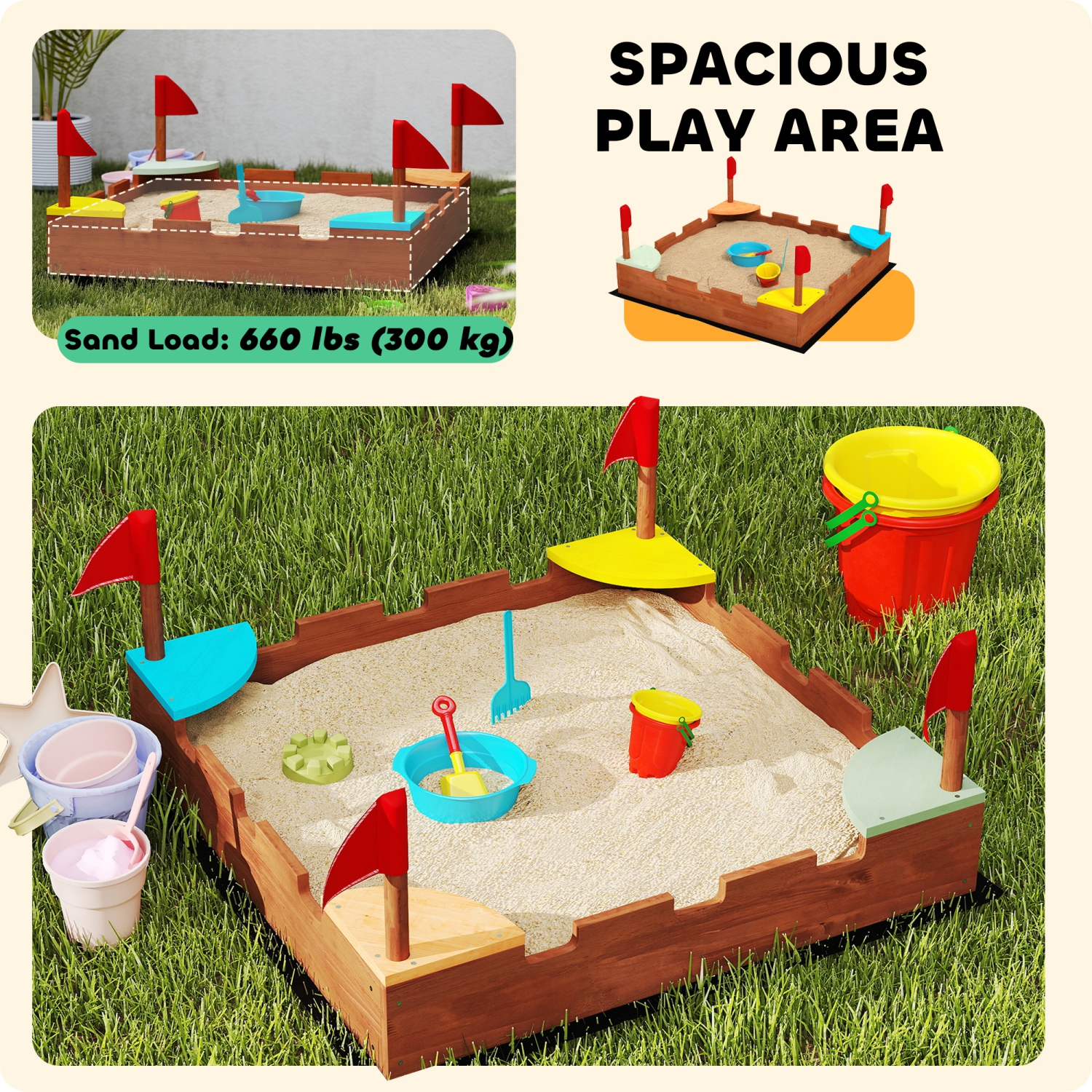 Qaba Kids Wooden Sandbox, Castle-Themed Outdoor Sand Pit with Flags, 4 Colorful Built-in Corner Seating, Ground Liner, Gift for Ages 3-7, Backyard,