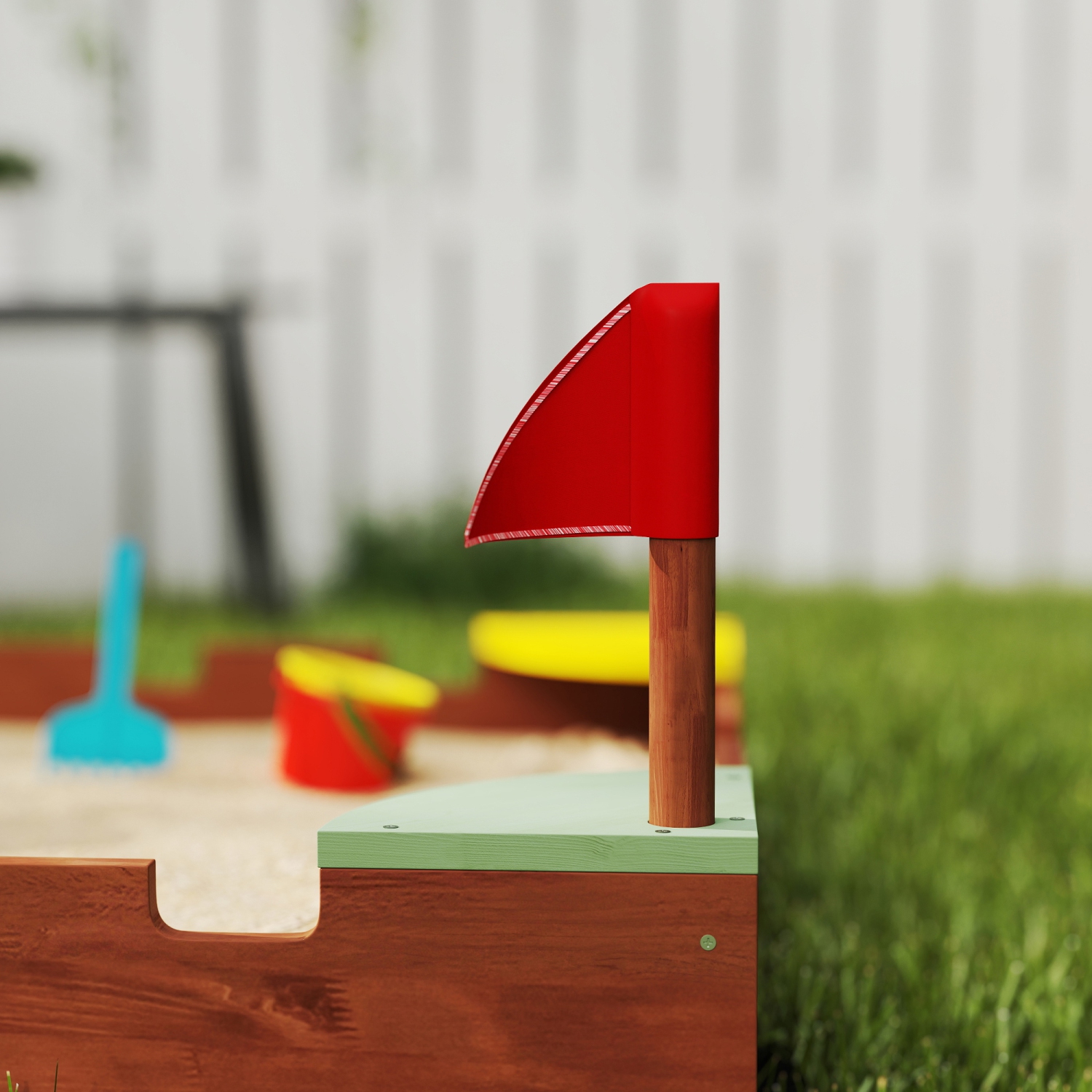 Qaba Kids Wooden Sandbox, Castle-Themed Outdoor Sand Pit with Flags, 4 Colorful Built-in Corner Seating, Ground Liner, Gift for Ages 3-7, Backyard,