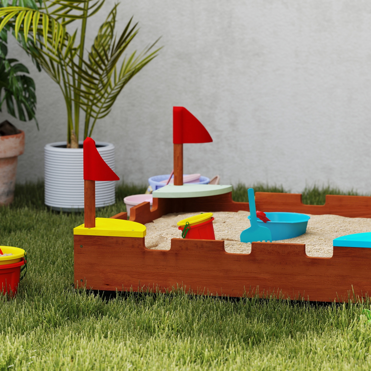 Qaba Kids Wooden Sandbox, Castle-Themed Outdoor Sand Pit with Flags, 4 Colorful Built-in Corner Seating, Ground Liner, Gift for Ages 3-7, Backyard,