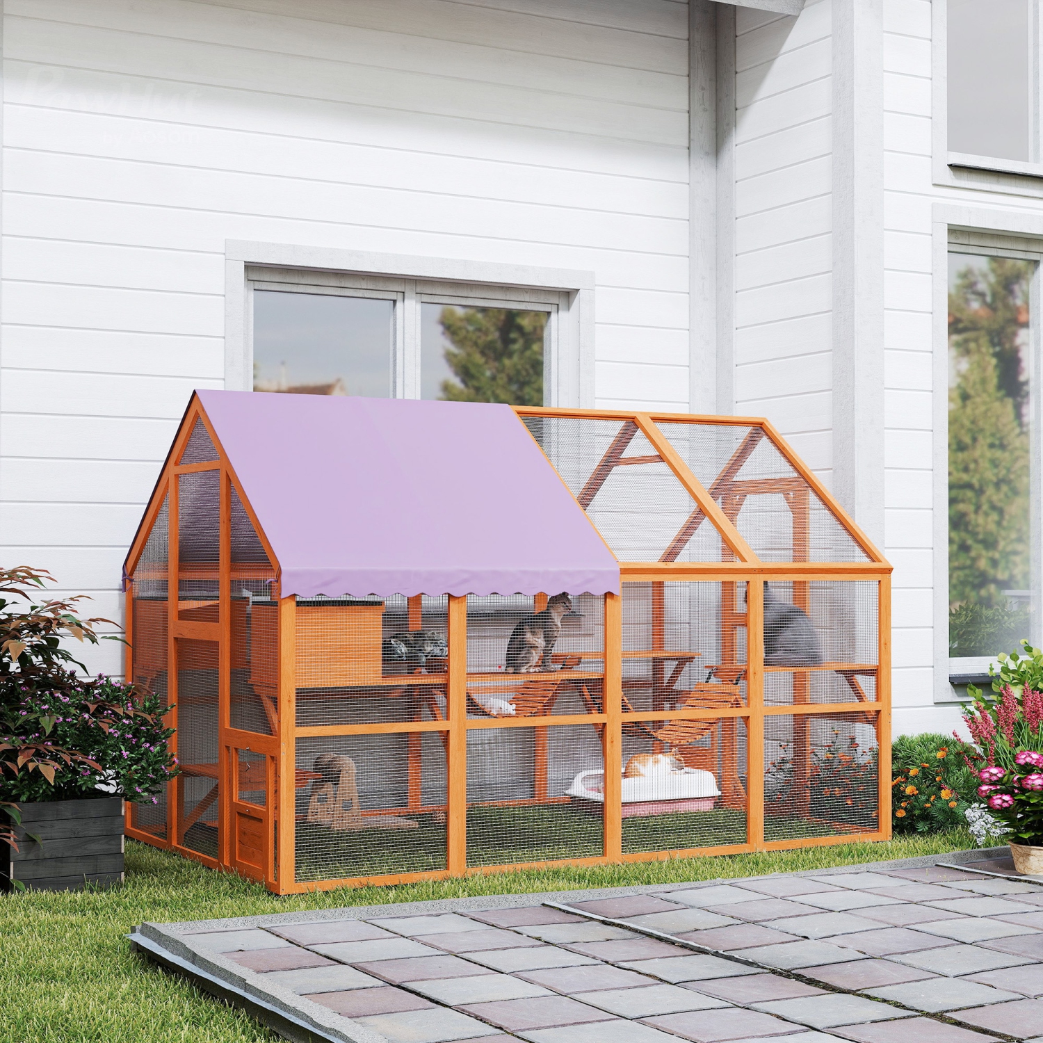 PawHut – Armoire pour chats d'extérieur Catio, maison en bois avec auvent imperméable, ponts, boîtes de repos, plateformes, pour 3-6 chats, Orange