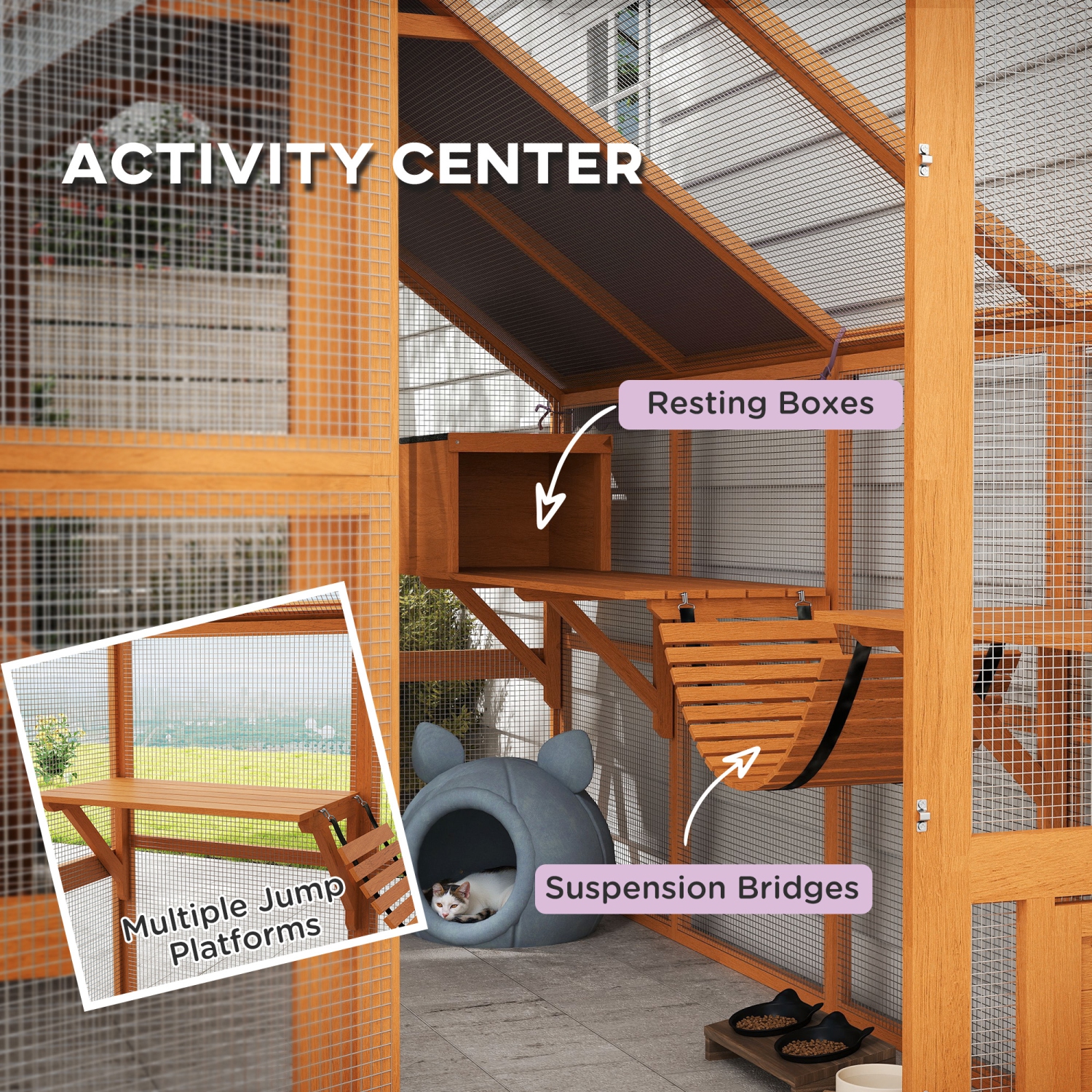 PawHut – Armoire pour chats d'extérieur Catio, maison en bois avec auvent imperméable, ponts, boîtes de repos, plateformes, pour 3-6 chats, Orange