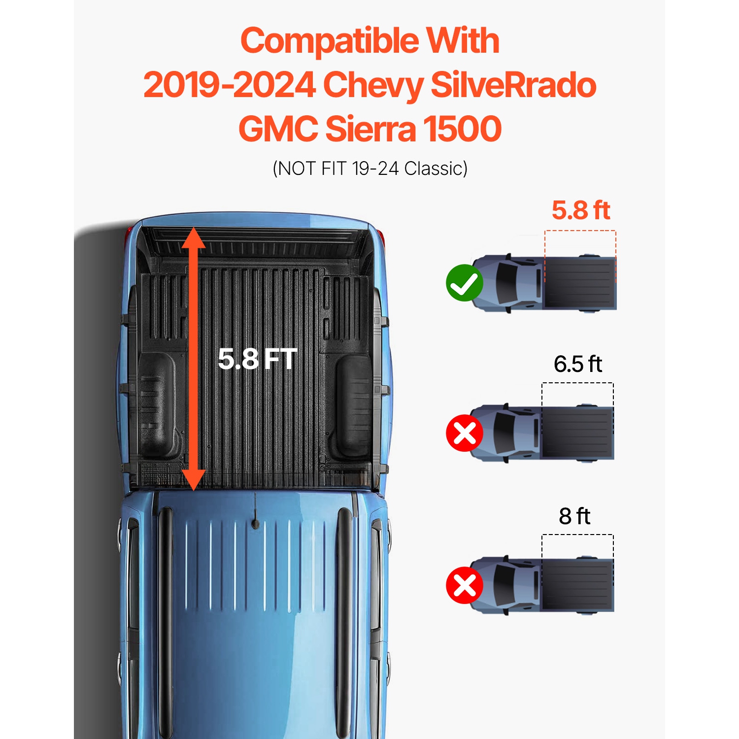 VEVOR Tri-Fold Truck Bed Tonneau Cover, Compatible with 2019-2024 Chevy Silverado GMC Sierra 1500 5'8" Bed, Fit 5.8'x5.3' Inside Bed, 400lbs