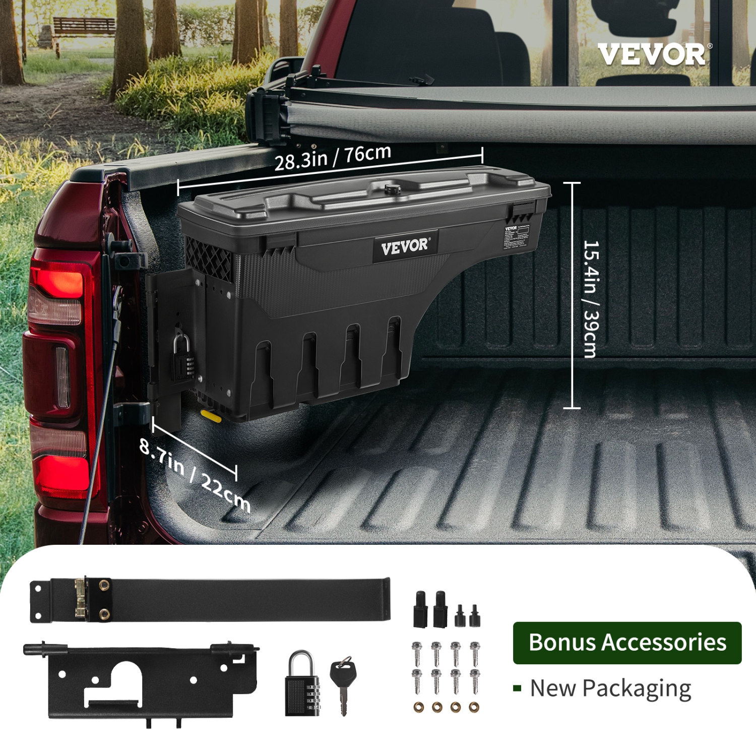 VEVOR Truck Bed Storage Box, Lockable Lid, Waterproof ABS Wheel Well Tool Box 6.6 Gal/20 L with Password Padlock, Compatible with Dodge Ram 1500