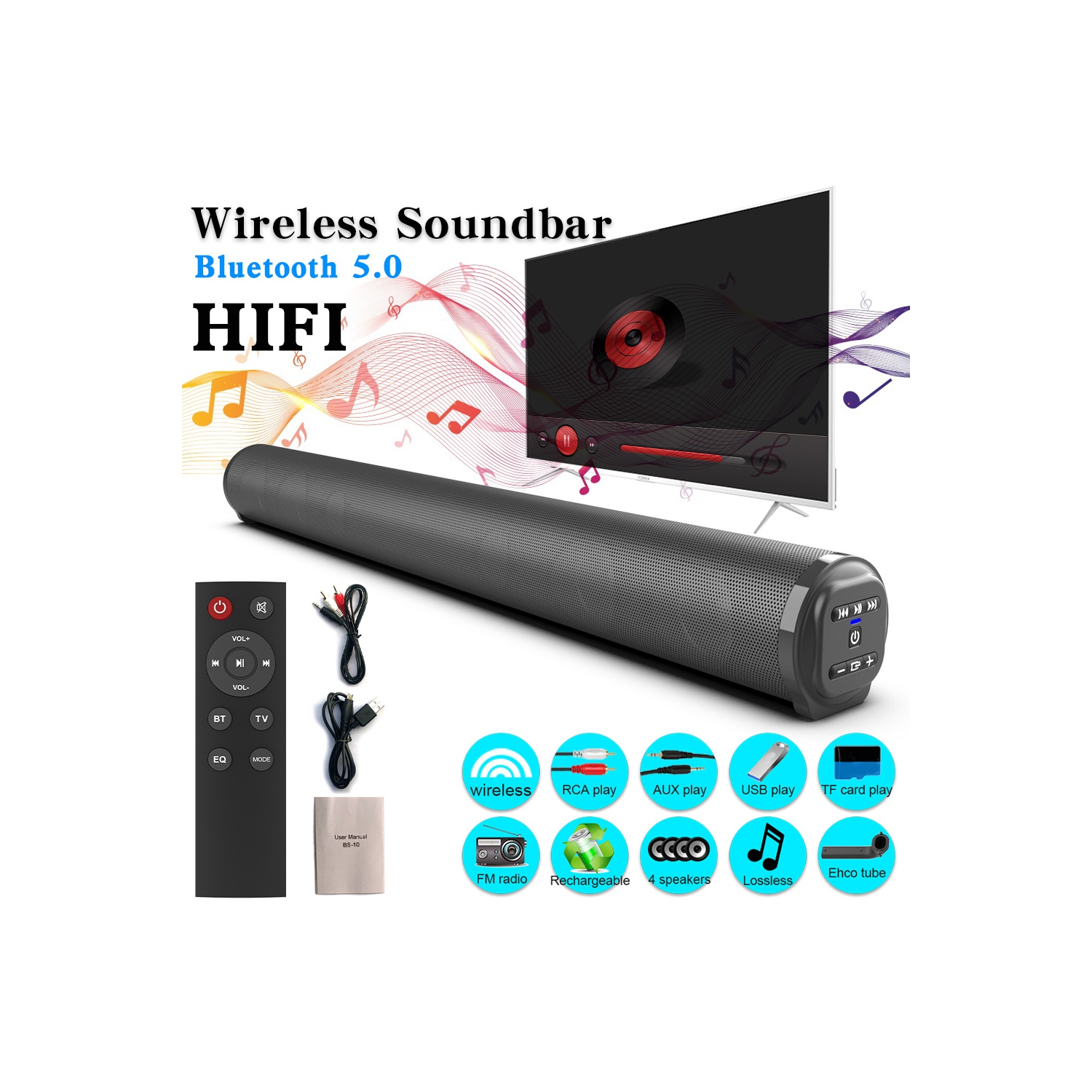 Barre de son de téléviseur Barre de son de bureau Haut-parleur d'extrêmes graves intégré Haut-parleur Bluetooth sans fil pour cinéma maison