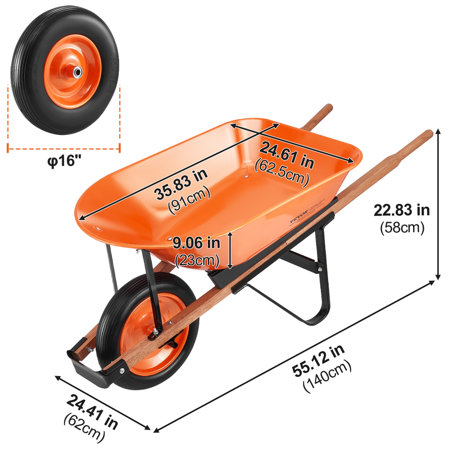VEVOR 5 Cu. Ft. Load Wheelbarrow Cart, 330 lbs Capacity, One Wheel Garden Dump Cart, Garden Wagon with Metal Handle & 16" Wide Track Wheels,Easy