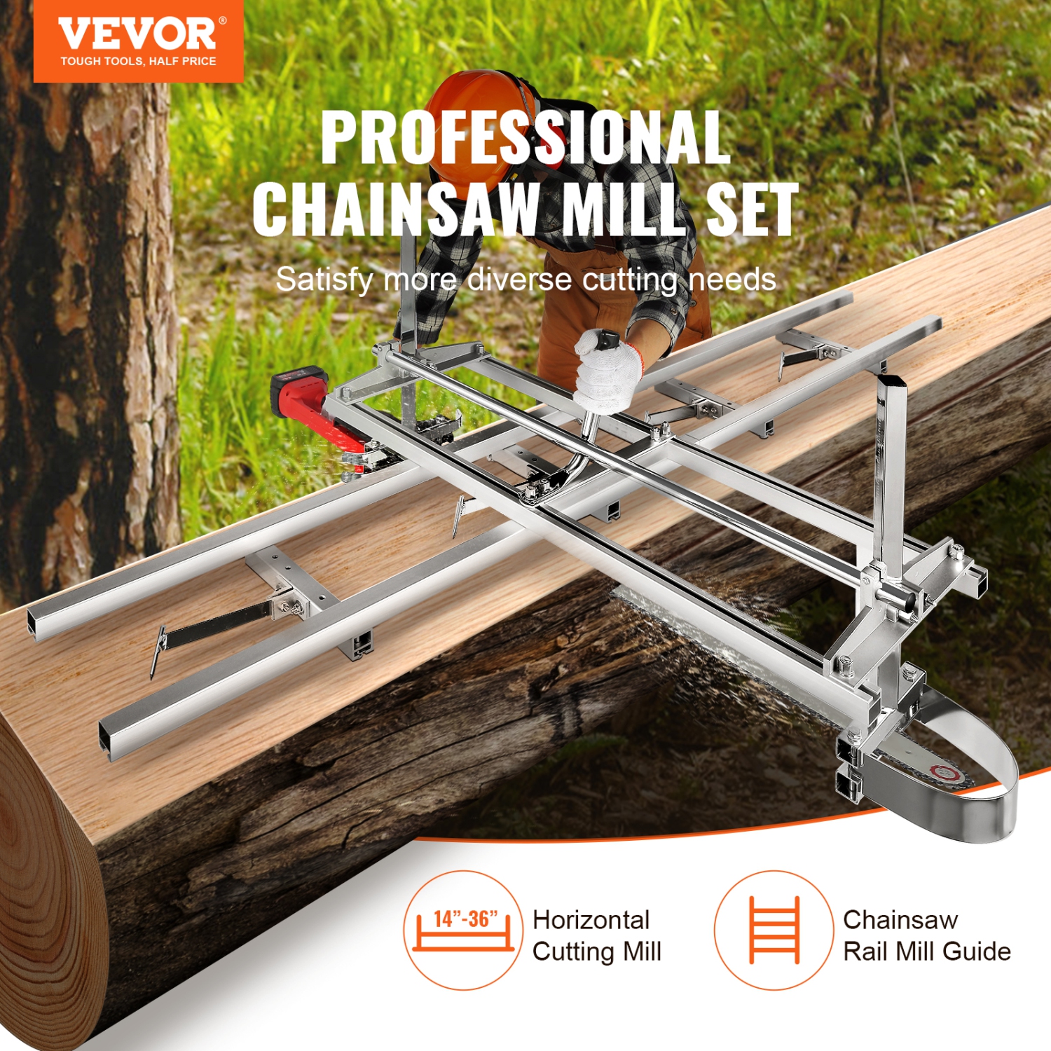 VEVOR 14"-36" Chainsaw Mill and Rail Mill Guide System, Portable Sawmill Guide Bar, 9ft Aluminum Saw Milling Rail Guide with Chainsaw Planking Mill
