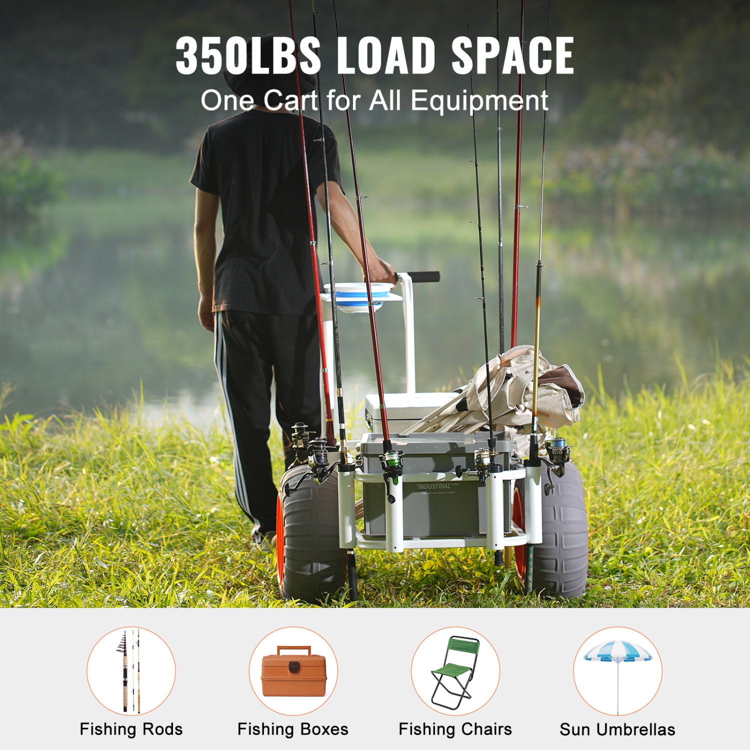 VEVOR Beach Fishing Cart, 350 lbs Load Capacity, Fish and Marine Cart with Two 16" Big Wheels PU Balloon Tires for Sand, Heavy-Duty Aluminum Pier