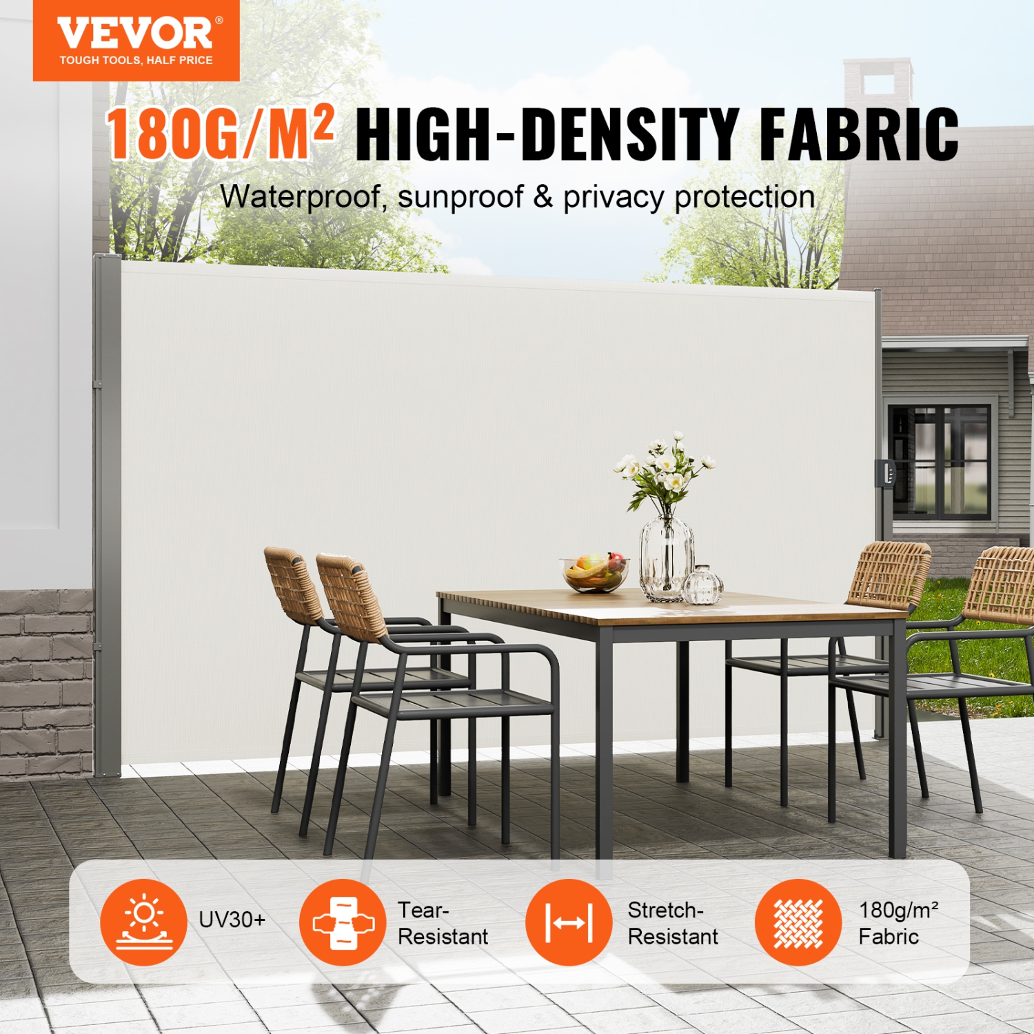 VEVOR 71''x 138'' Retractable Side Awning, Outdoor Privacy Screen, 180g Polyester Water-proof Patio Screen, UV 30+ Room Divider Wind Screen for