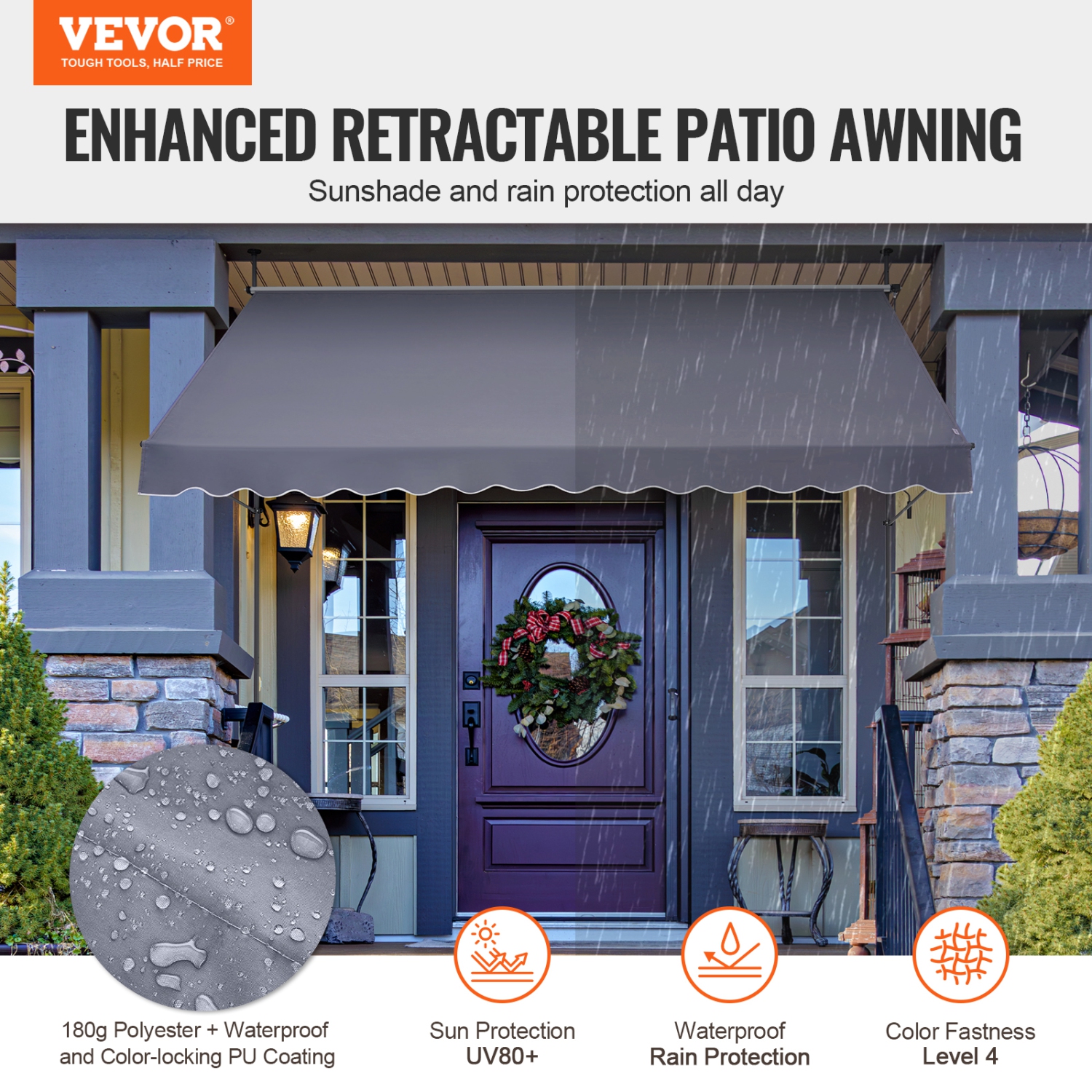 Auvent de patio de 138 x 47&nbsp;po VEVOR, auvent avec poignée à manivelle manuelle, terrasse d'extérieur avec auvent, hauteur de 86 à 122&nbsp;po,