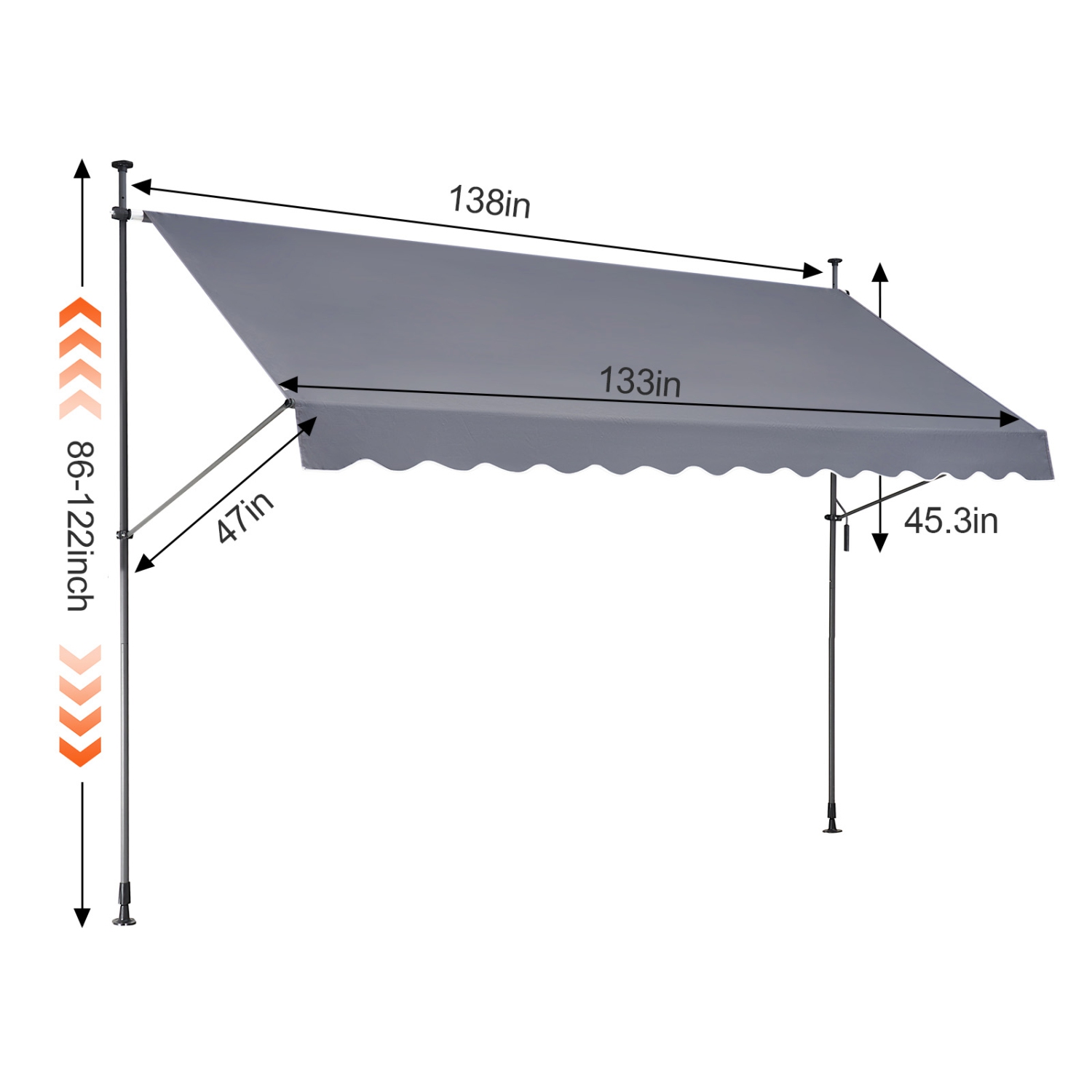 Auvent de patio de 138 x 47&nbsp;po VEVOR, auvent avec poignée à manivelle manuelle, terrasse d'extérieur avec auvent, hauteur de 86 à 122&nbsp;po,