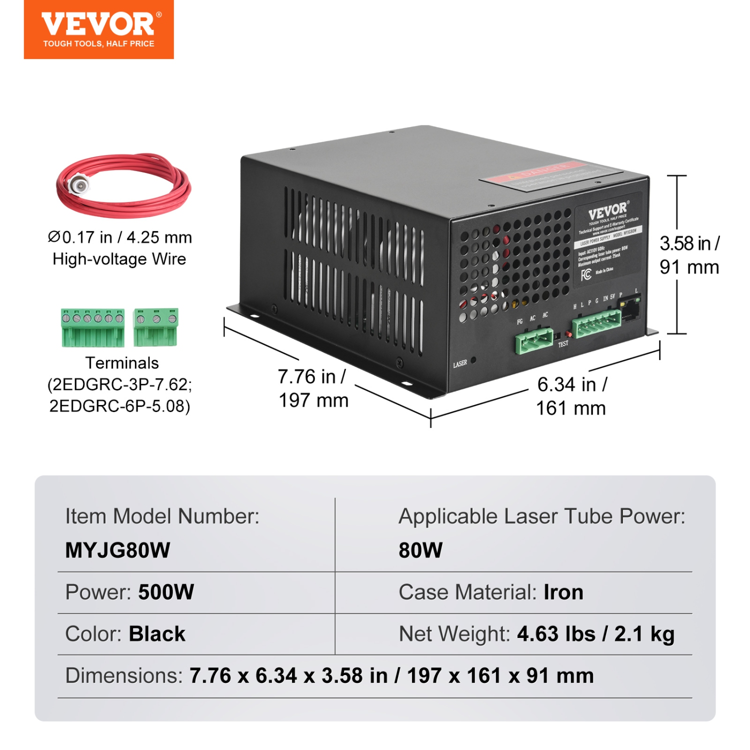 VEVOR 80W CO2 Laser Power Supply, Power Supply for 80W Laser Tube, Constant Current Protection, Open Circuit Protection, Fast Heat Dissipation,