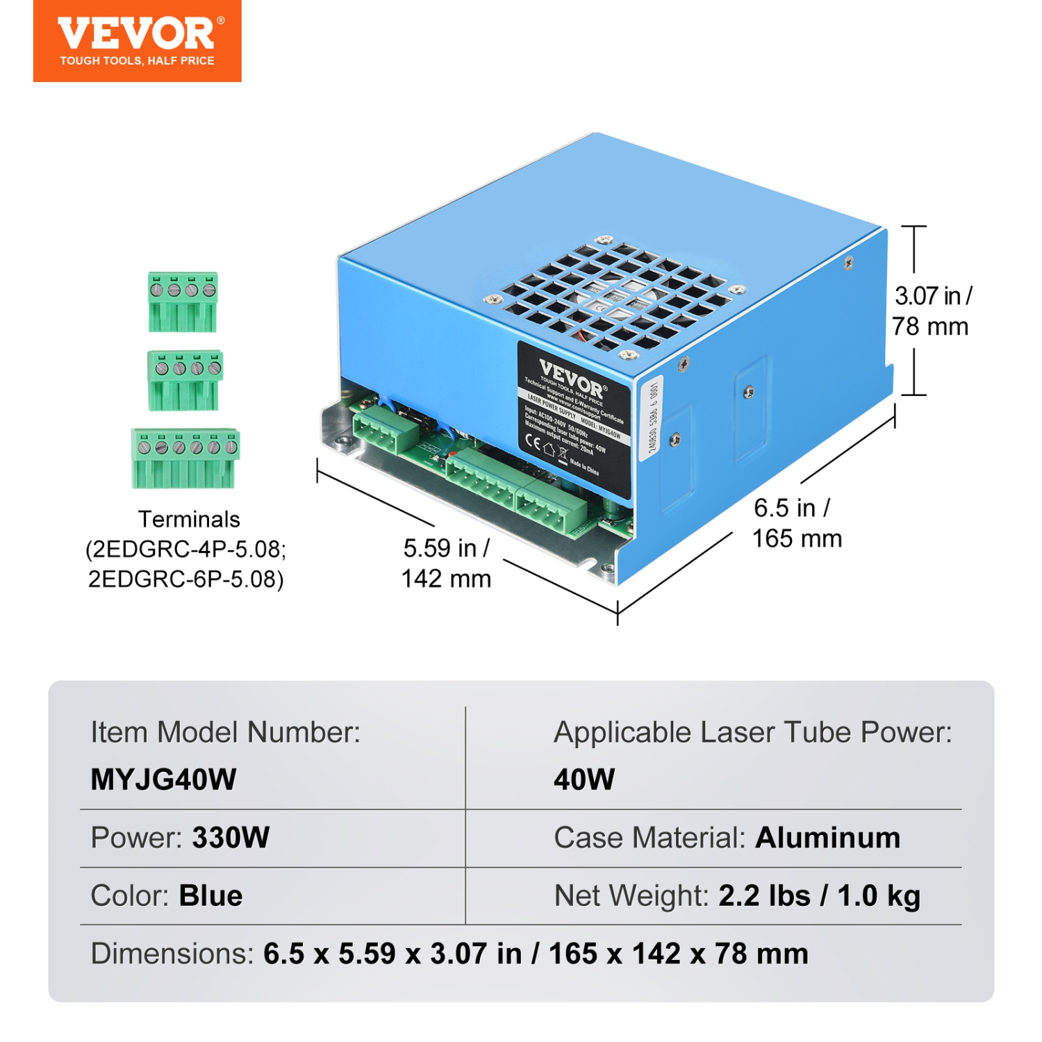 VEVOR 40W CO2 Laser Power Supply, Power Supply for 40W Laser Tube, Constant Current Protection, Open Circuit Protection, Fast Heat Dissipation,
