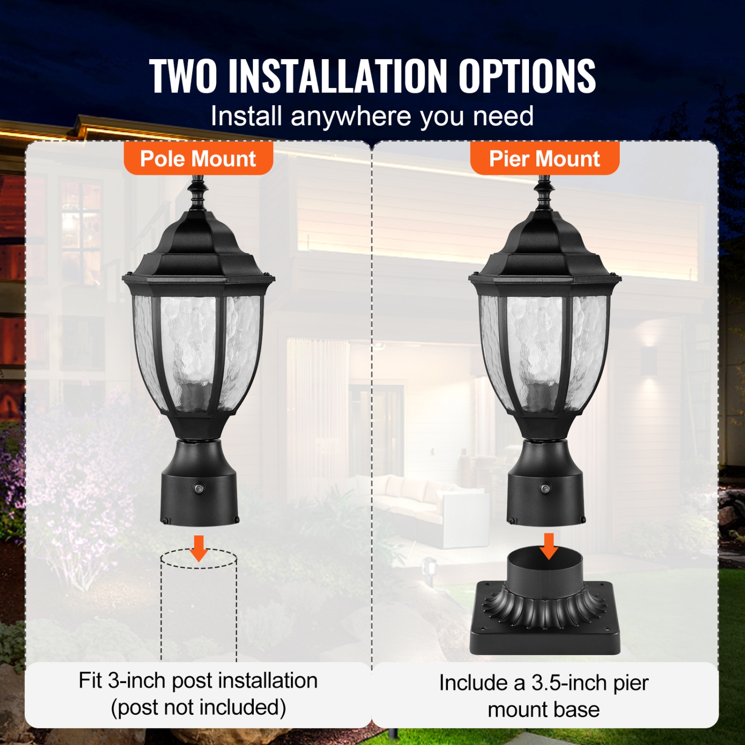 Lampadaire d'extérieur 15,35-en-2 Crépuscule à aube VEVOR, lampes de poteau étanches, abat-jour en verre de 3,5&nbsp;po à base de pilier, lampe de