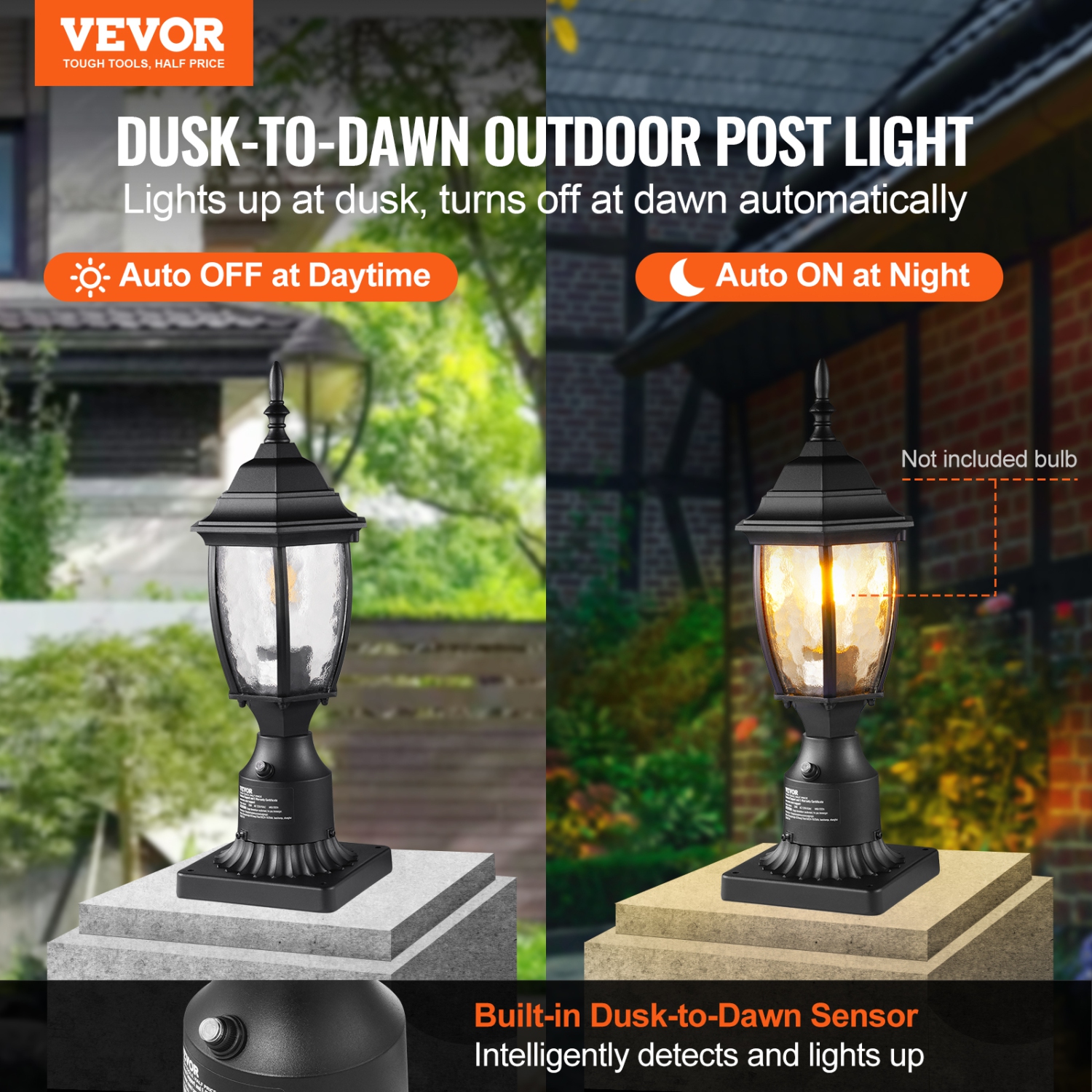 VEVOR 15.75 in Height Dusk to Dawn Outdoor Post Light, Waterproof Lamp Post Light Fixture with 5.5 in Pier Mount Base Glass Shade, Lightning-proof
