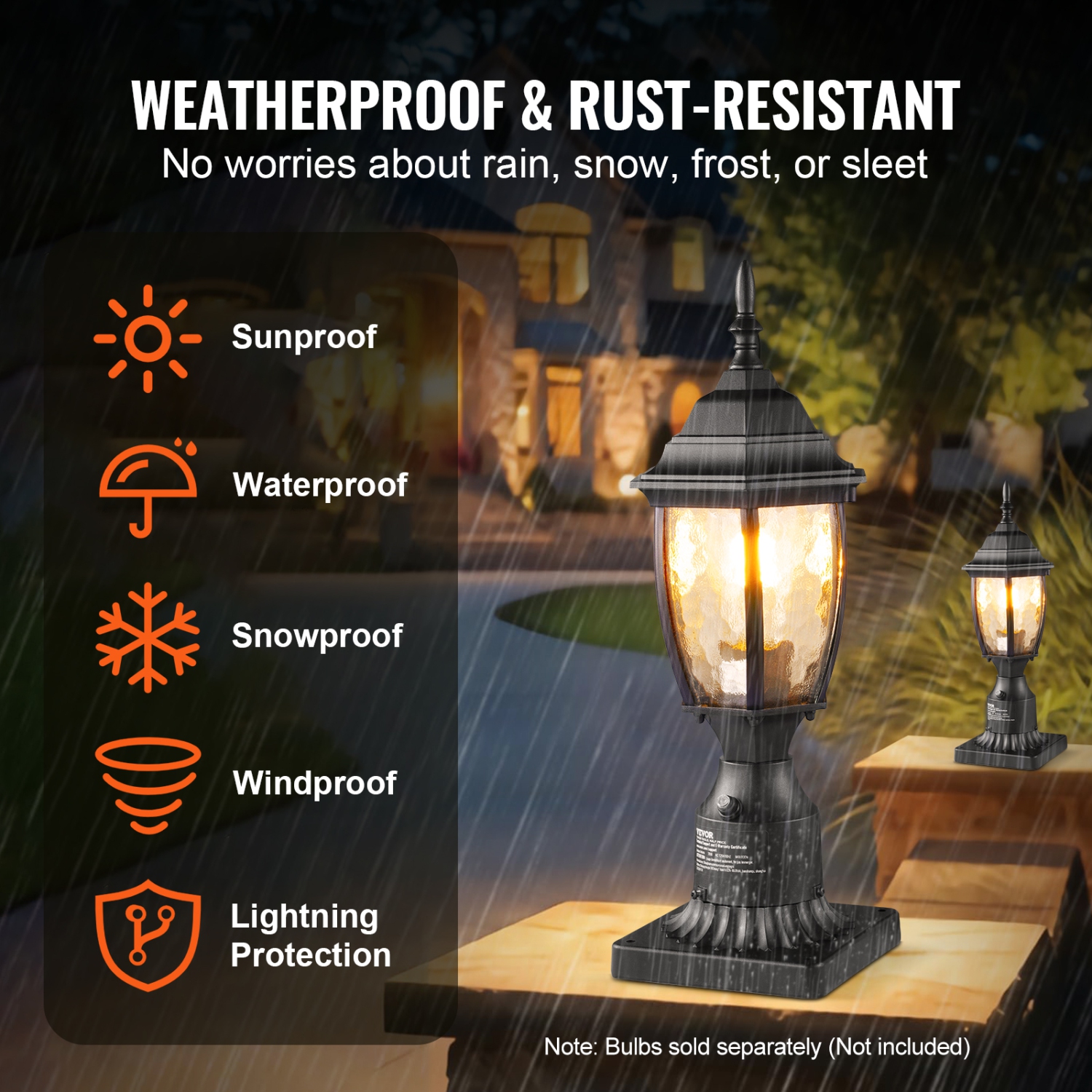 VEVOR 15.75 in Height Dusk to Dawn Outdoor Post Light, Waterproof Lamp Post Light Fixture with 5.5 in Pier Mount Base Glass Shade, Lightning-proof