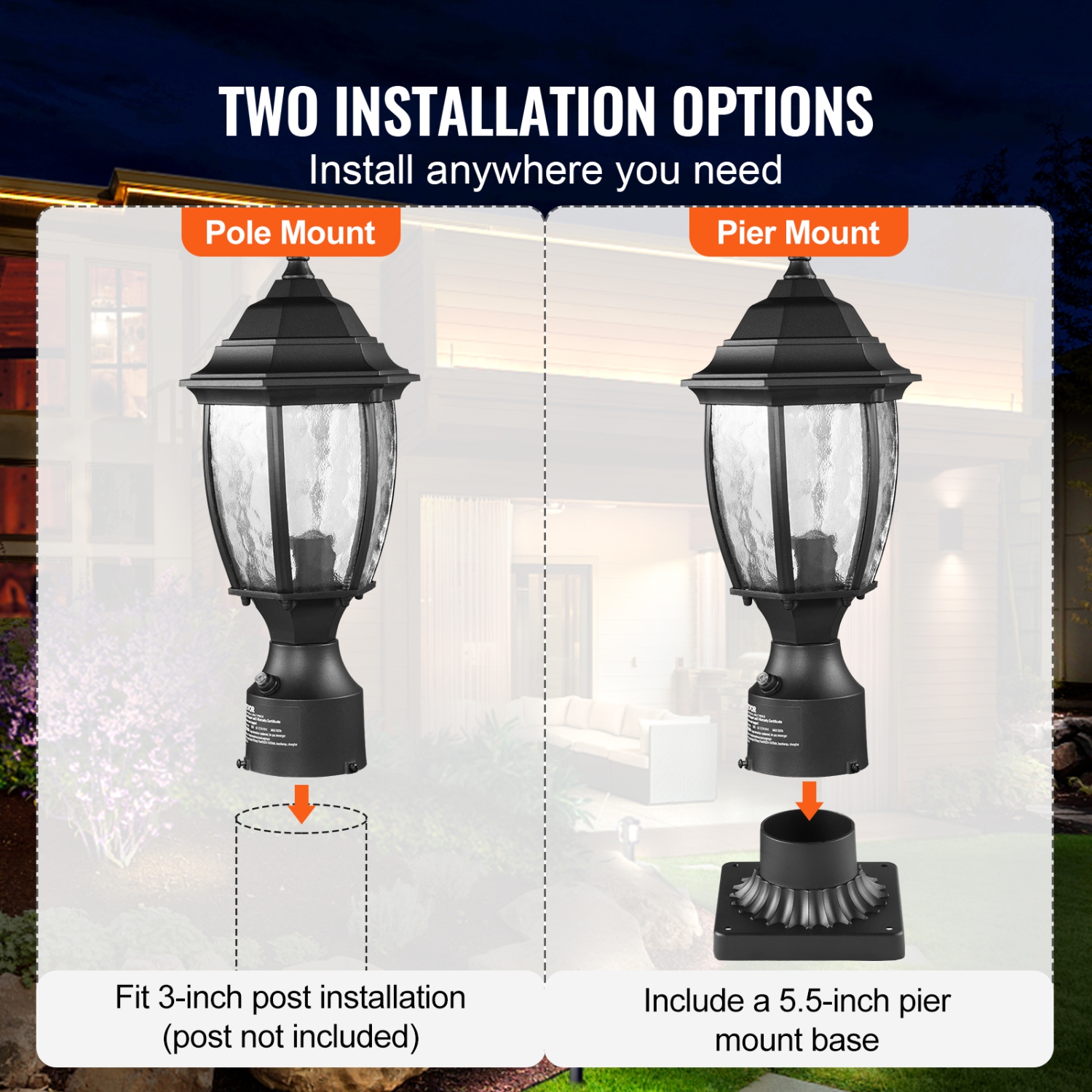 VEVOR 15.75 in Height Dusk to Dawn Outdoor Post Light, Waterproof Lamp Post Light Fixture with 5.5 in Pier Mount Base Glass Shade, Lightning-proof