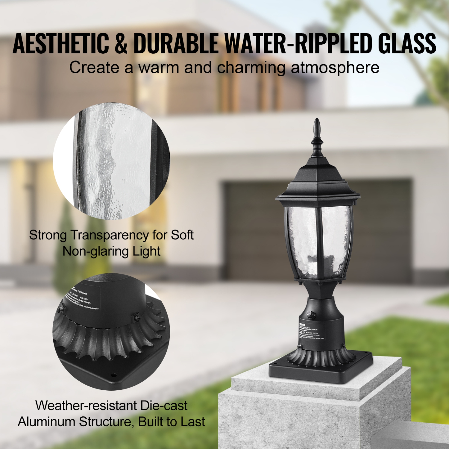 VEVOR 15.75 in Height Dusk to Dawn Outdoor Post Light, Waterproof Lamp Post Light Fixture with 5.5 in Pier Mount Base Glass Shade, Lightning-proof